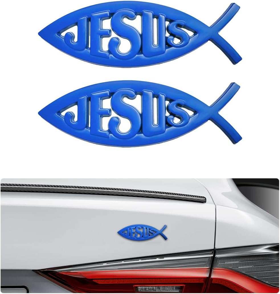 DXNQ 2PCS Jesus Fish Decal Sticker, 3D Car Decal Jesus Christian Fish Symbol Chrome Emblem, Faith Fish Stickers Religious Metal Badge Auto Decor for Truck Motorcycle Fridge (Silver)