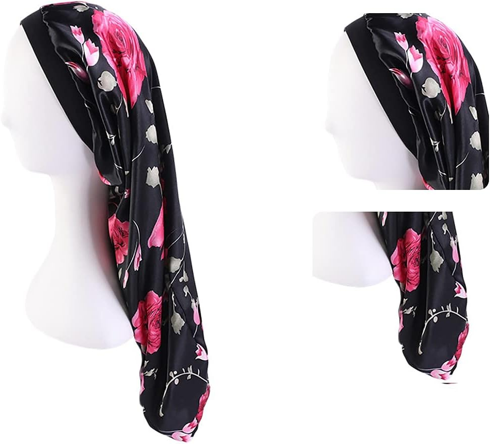 COSYOO Hair Braid Bonnet Satin Wide Classic Decorative Extra Long Printed Silk Soft Elastic Hair Bonnet for Women Printed Patterned Cover Lightweight image number 2