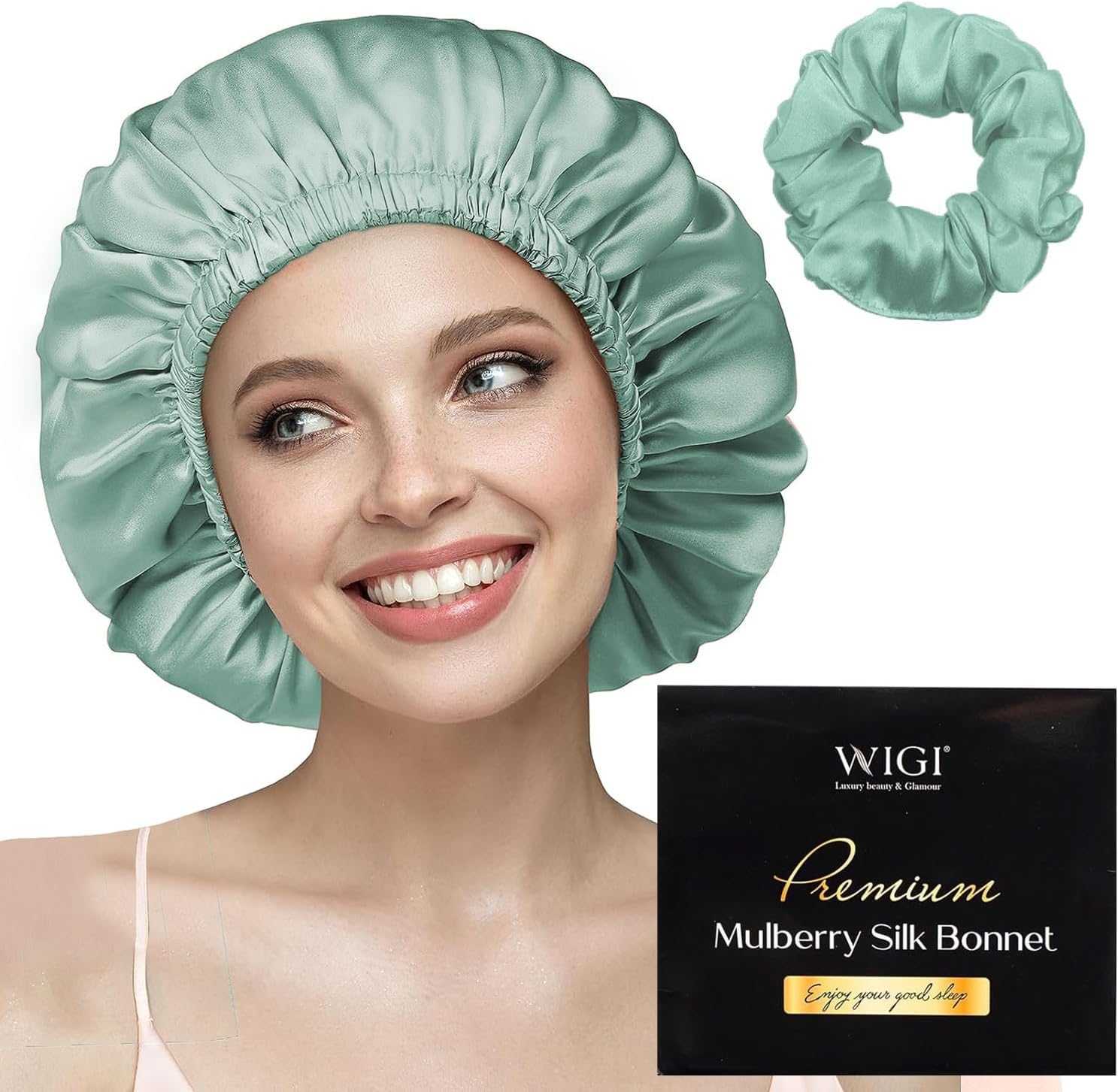 WIGI 100% Mulberry Silk Bonnet with Scrunchie Gift for Women, Silk Bonnet for Sleeping, Shower Cap Hair Bonnet, Silk Hair Wrap for Hair Care (100% Mulberry Silk (Round Design), Green)