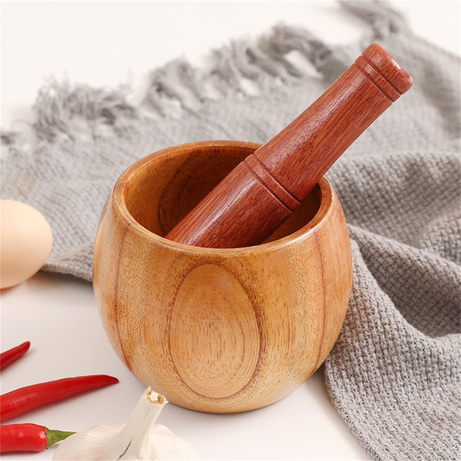 Wood Mortar and Pestle Set, Grinder for Guacamole, Garlic, Pepper - Kitchen Tool with Press, Mincer, Chopper, Crusher image number 5