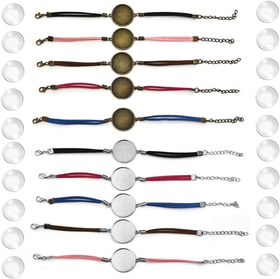 DROLE 40Pcs Black Leather Cabochon Bracelet Blanks-20Pcs 20Mm Cabochon Bezel Tray Blank Bracelets with 20Mm Cabochon Black Bracelet Chain for Jewelry Making Silver Base