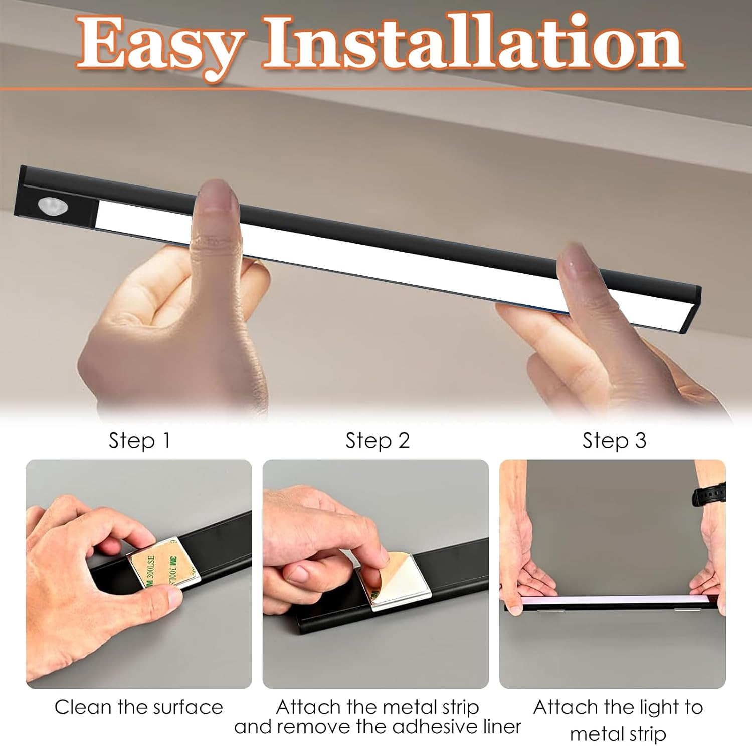 Under Cabinet Light, 2 Pack Motion Sensor Lights, USB Rechargeable LED Strip Lights Night Lighting Bars with Large Capacity Battery Operated for Home Kitchen,20Cm, Black image number 6