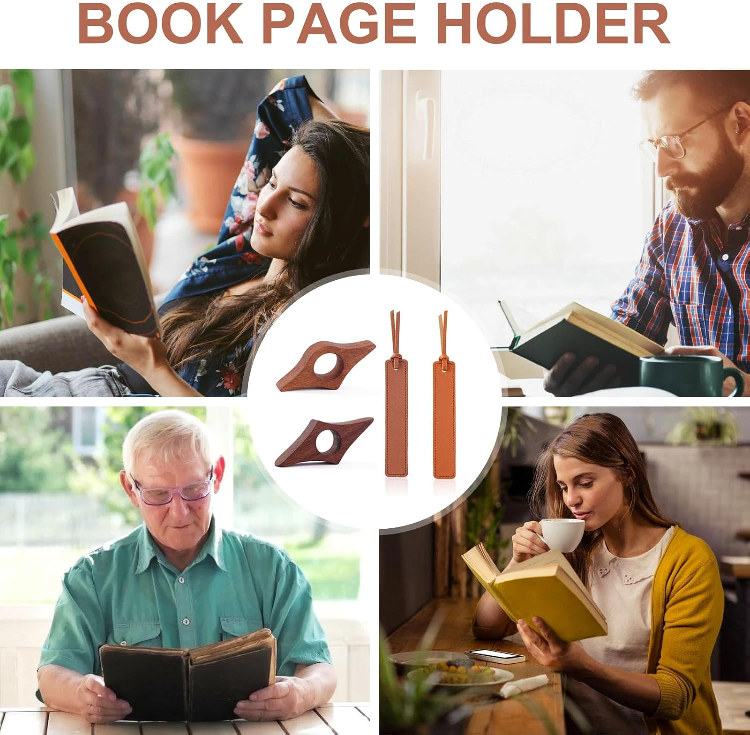 2 Pcs Thumb Book Page Holder & 2 Leather Bookmarks - Comfortable Reading Accessories for Book Lovers, Reading in Bed - Bookworm & Literary Gifts image number 1