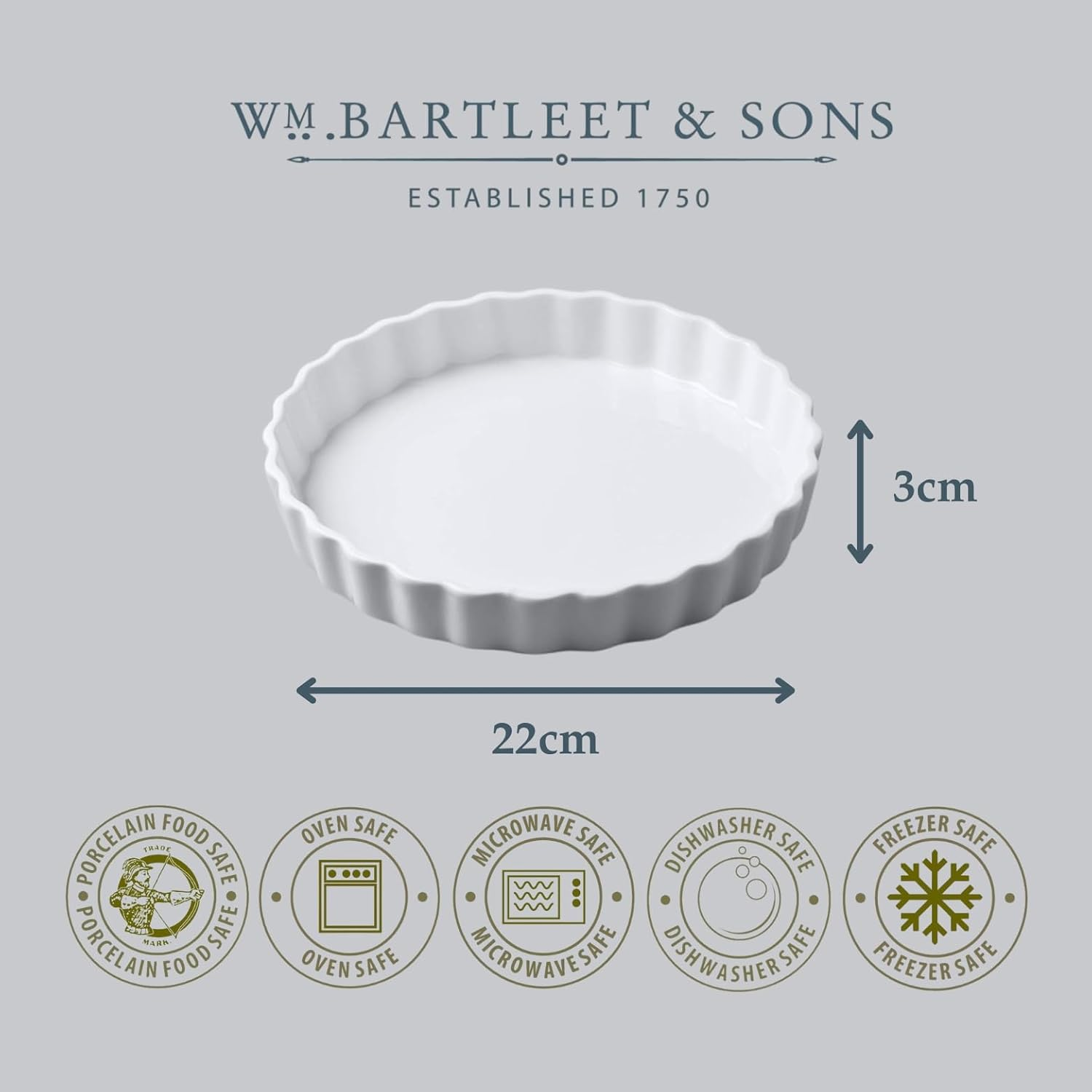 WM Bartleet & Sons - Traditional Porcelain round Flan Dish, (22Cm) &ndash; Premium Quiche and Tart Baking Dish - Made from 100% Porcelain &ndash; Classic Smooth Glazed Finish image number 1