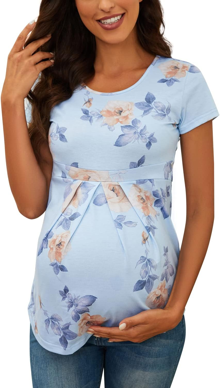 Women'S Maternity Tops Short Sleeve round Neck Front Pleat Peplum Tunic Top Pregnancy Casual T Shirts