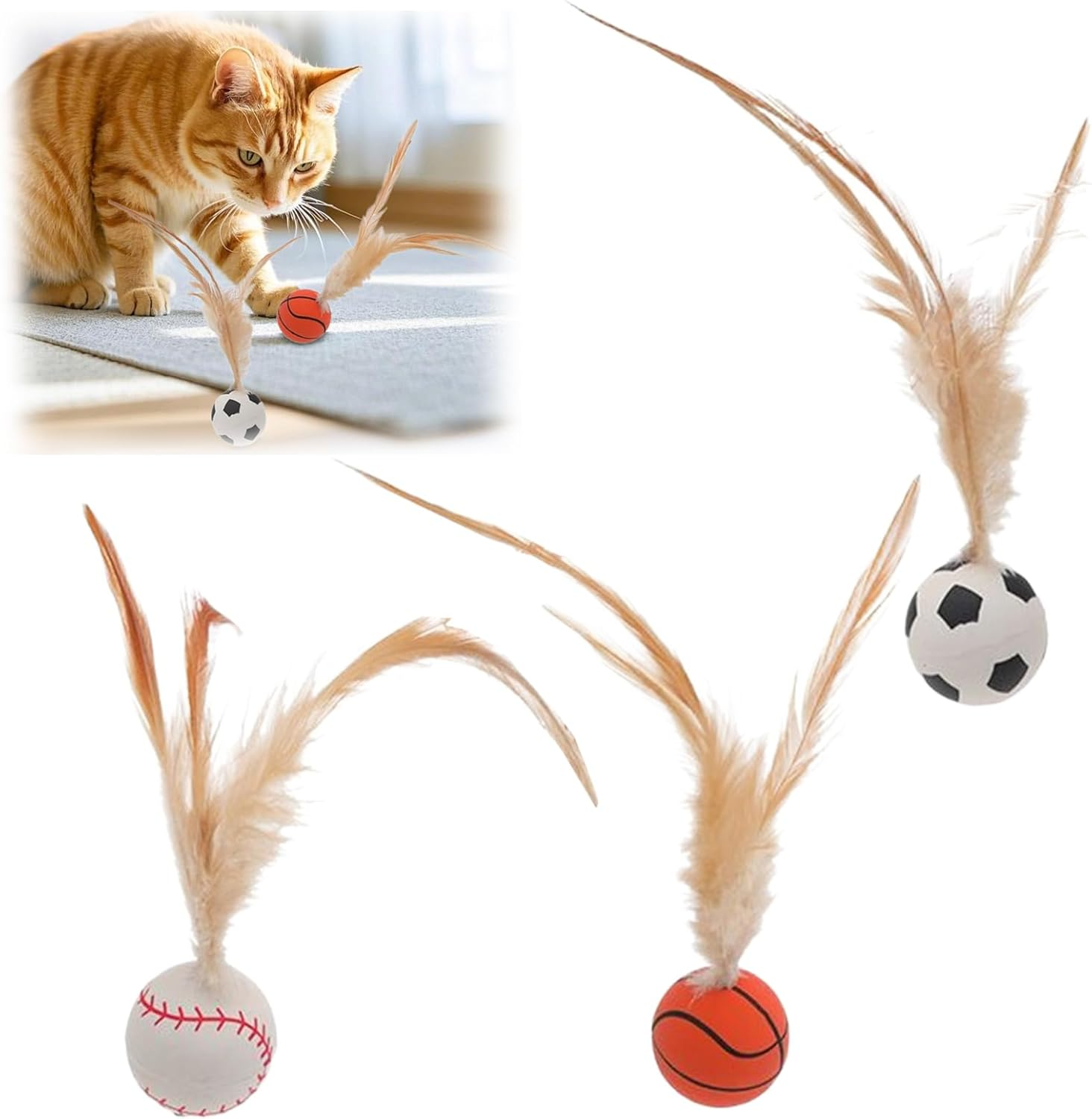 Interactive Cat Feather Ball Toys for Indoor Cats - Bouncy, Catnip-Infused Balls with Mini Soccer/Basketball Toys, Chew & Teeth-Cleaning Toys for Kitten Exercise Play（3Pc） image number 5