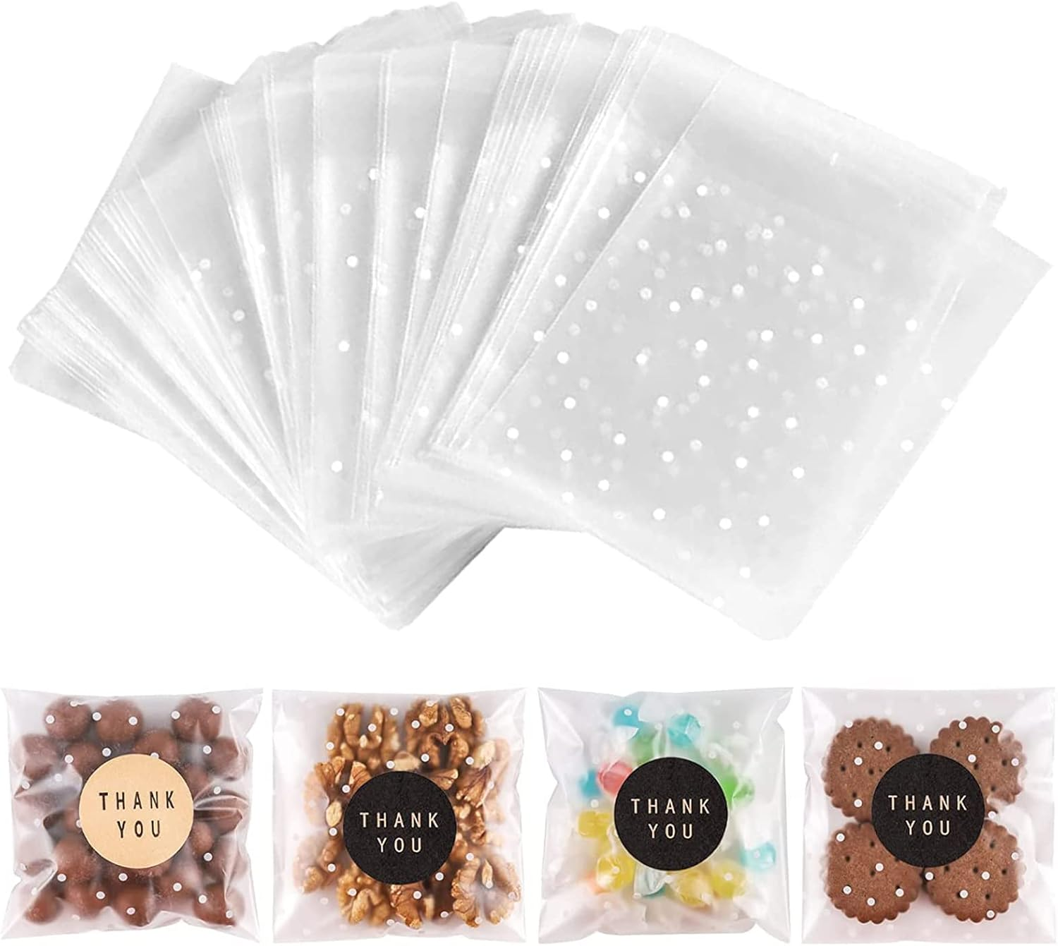 NPLUX 100PACK Self Adhesive White Polka Dot Cookie Bags (4X4 Inch) with Stickers, Non-Reusable, Plastic, Polypropylene (PP), Self Seal, Cellophane Treat Bags for Gift Giving, Storage, Packing image number 3