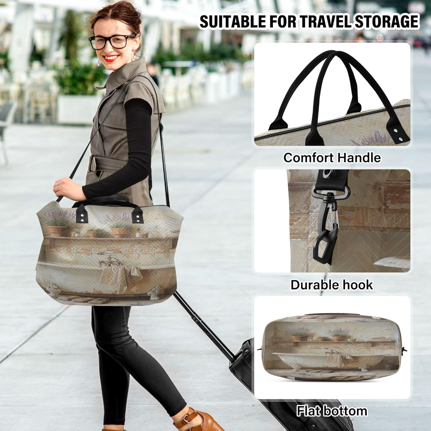 Travel Duffel Bag Travel Tote Gym Bag Overnight Bag with Toiletry Bag for Sports Foldable Elegant Bathtub with Vintage Tiles, Multi, 1 Size, Modern/Fitted, Multi, 1 Size, Modern/Fitted image number 4