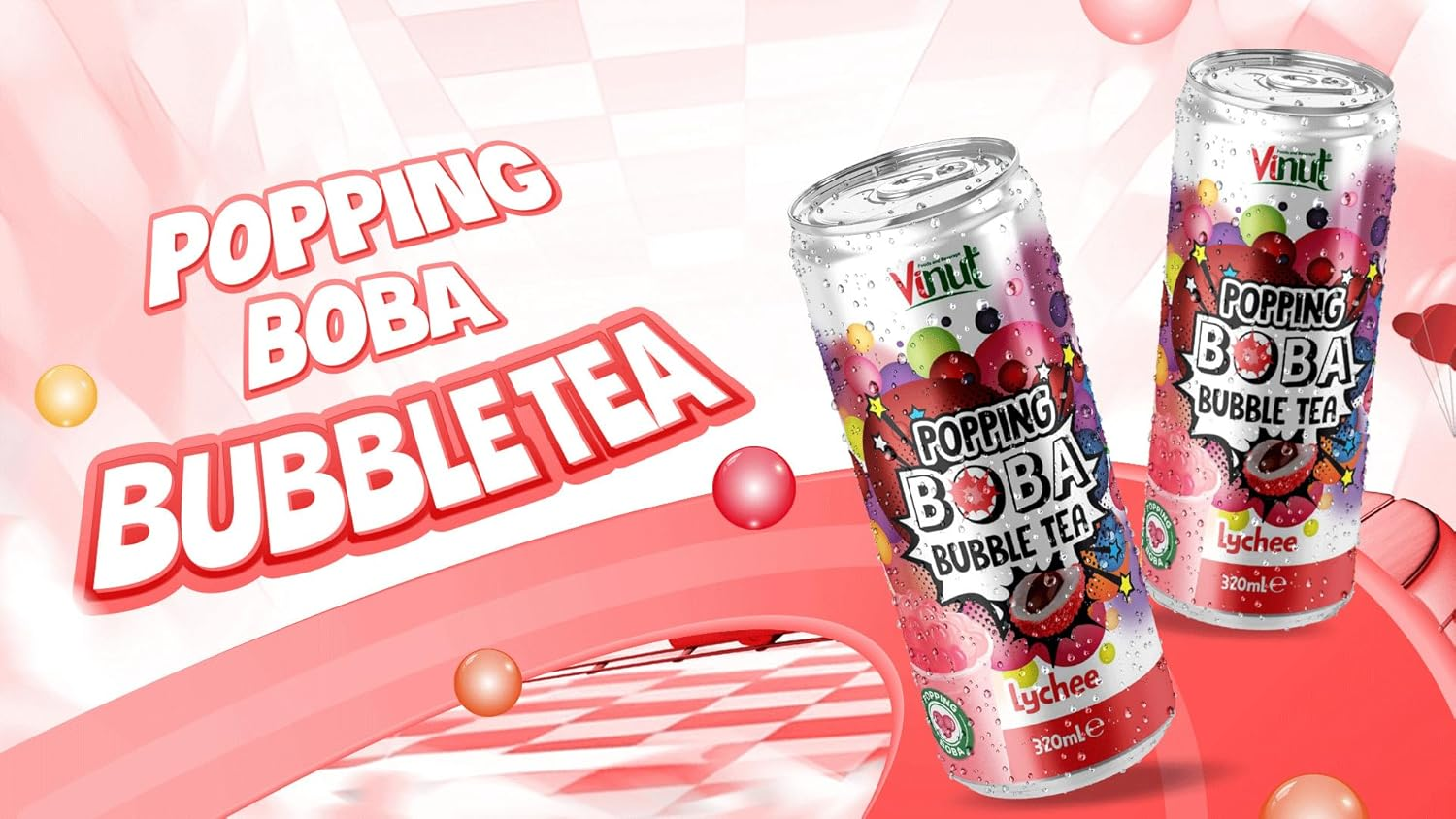 Vinut Popping Boba Bubble Tea Lychee Fl 320Ml 6 Pack