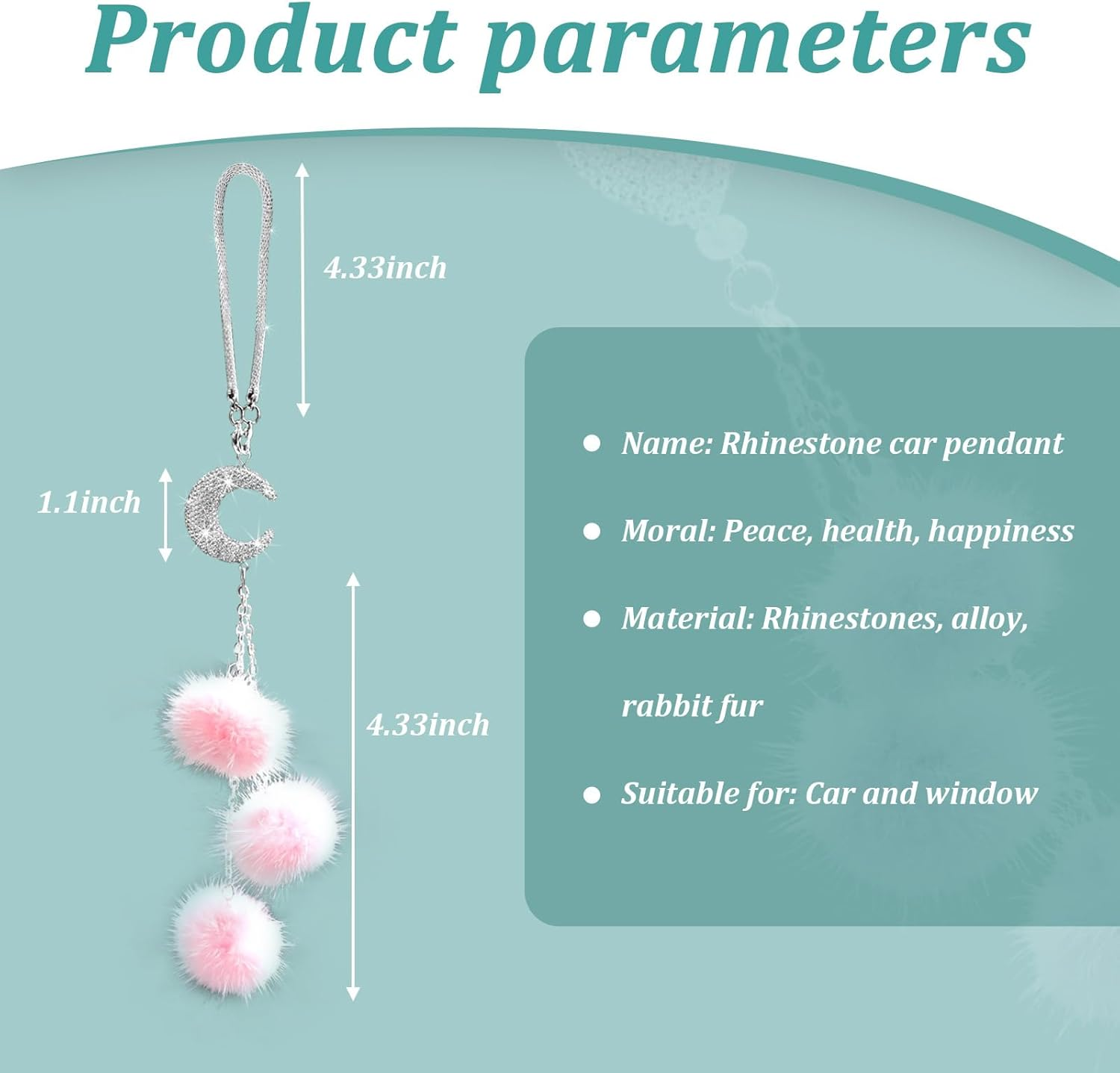 Ziciner Bling Diamond Heart Car Interior Accessories, Car Mirror Hanging Ornament for Women, Love Heart & Pink Plush Ball Decor Ornament Pendant, Car Hanging Decoration Charm Pendant (Moon/Pink) image number 2