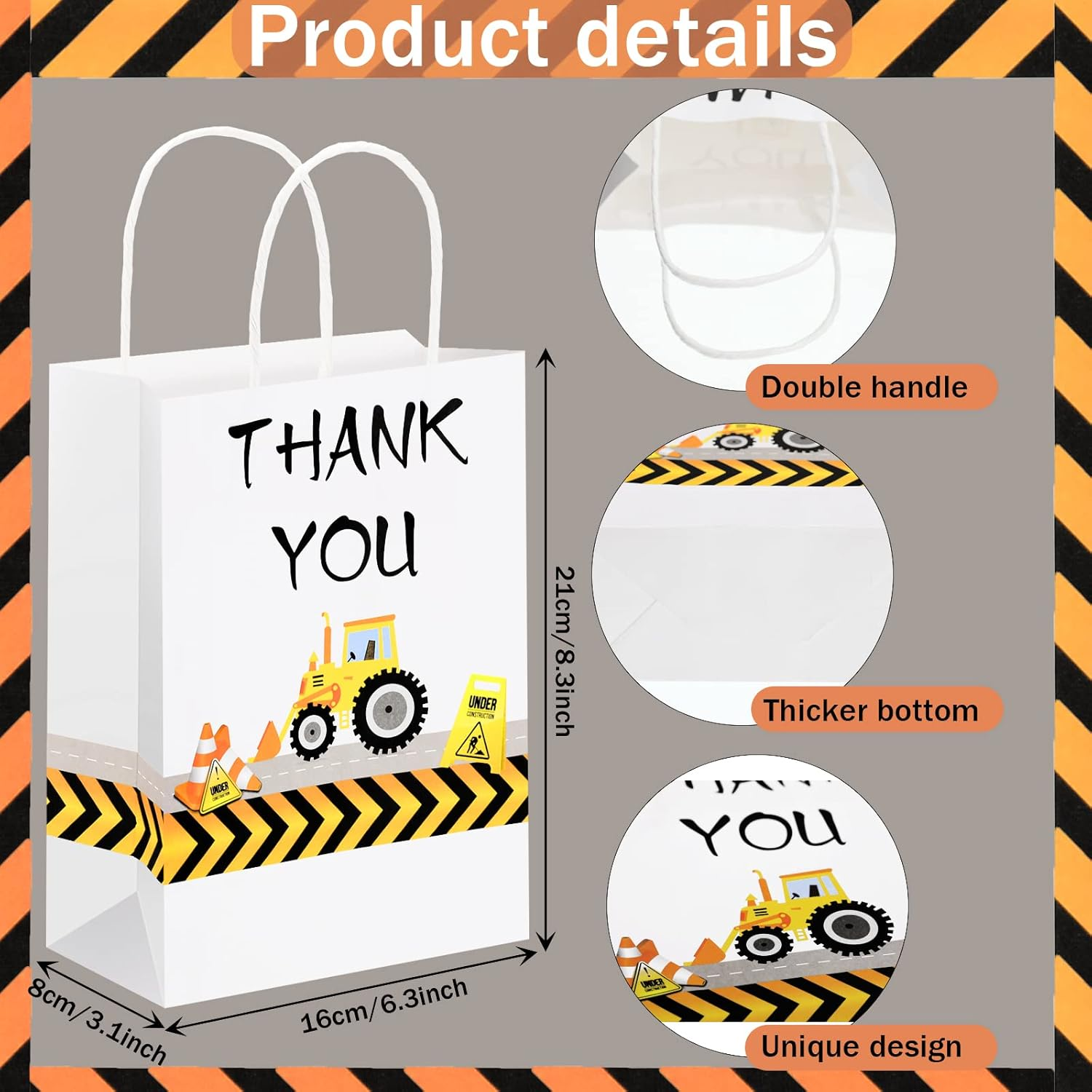 Outus 12 Pieces Construction Party Favors Bags Truck Themed Candy Goodie Bags for Birthday Themed Party Supplies Decorations, 8.3 X 6.3 X 3.1 Inches(White) image number 6