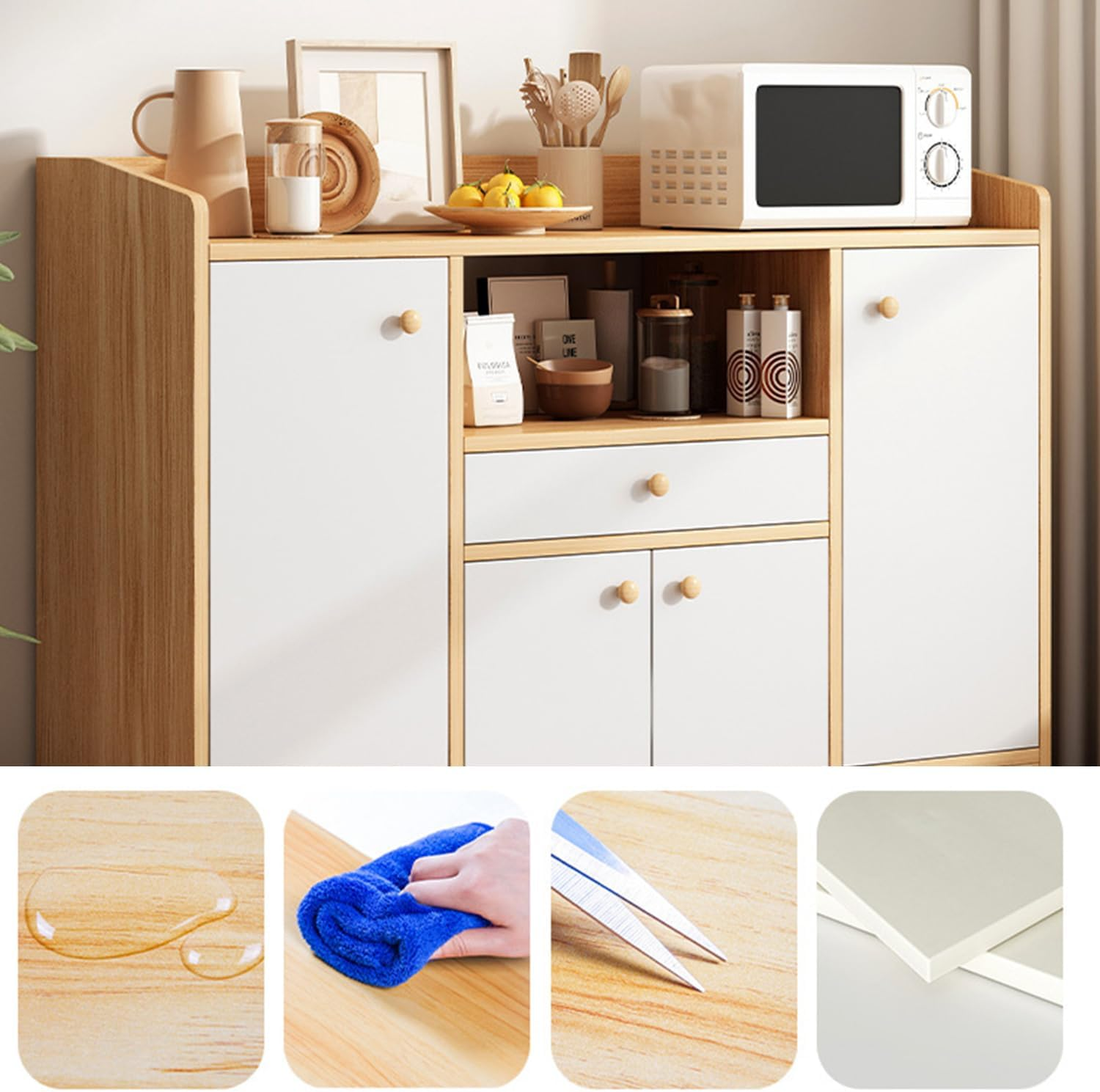 Uandhome Sideboard Cabinet,Modern Kitchen Storage Cabinet with 1 Drawer & 4 Doors for Microwave Oven,Tableware and Kitchens Utensils,Modern Storage Cabinets for Dining Room,Living Room & Kitchen image number 5