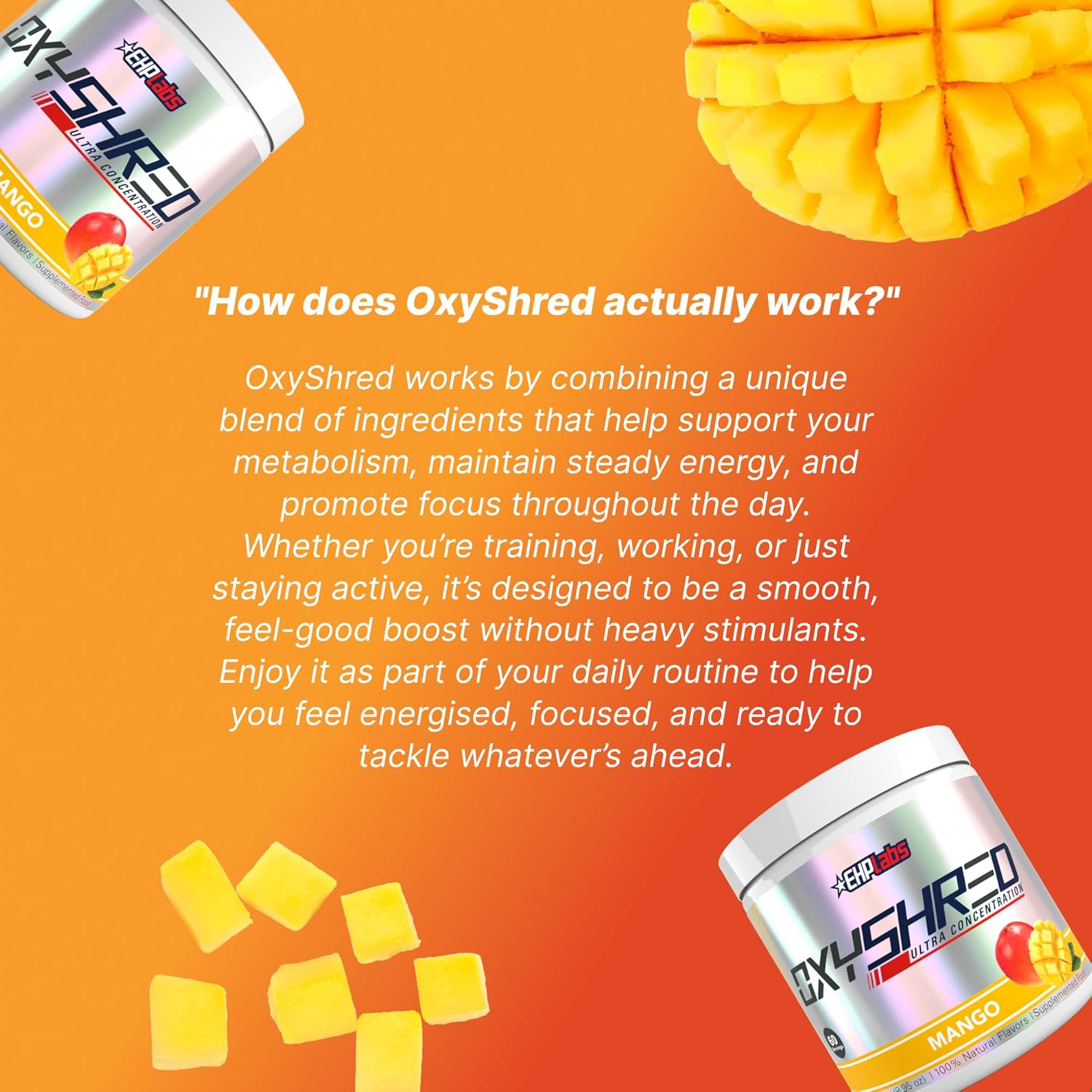 EHP Labs Oxyshred Ultra Concentration Shredding Supplement - Pre Workout, Promotes Shredding, Natural Energy Boost. Mango, 60 Servings image number 5