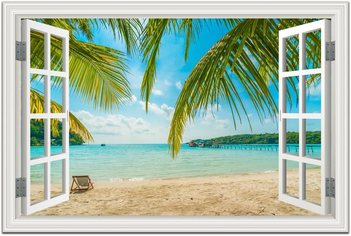 Beach Wall Art Decor Tropical Ocean Canvas Picture for Living Room White Window Frame Style Blue Seascape Paiting for Bedroom Coastal Theme Landscape for Home Office Decorations Ready to Hang(24"*36") image number 6