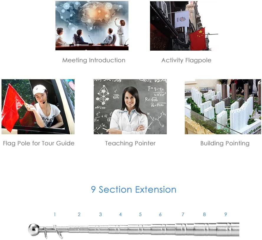 ASHDEL 2 Meters Outdoor Stainless Steel Telescopic Flag Pole for Teachers' Flagpole Teaching Pointer Tour Guide Banner 79" Flagstaff image number 2