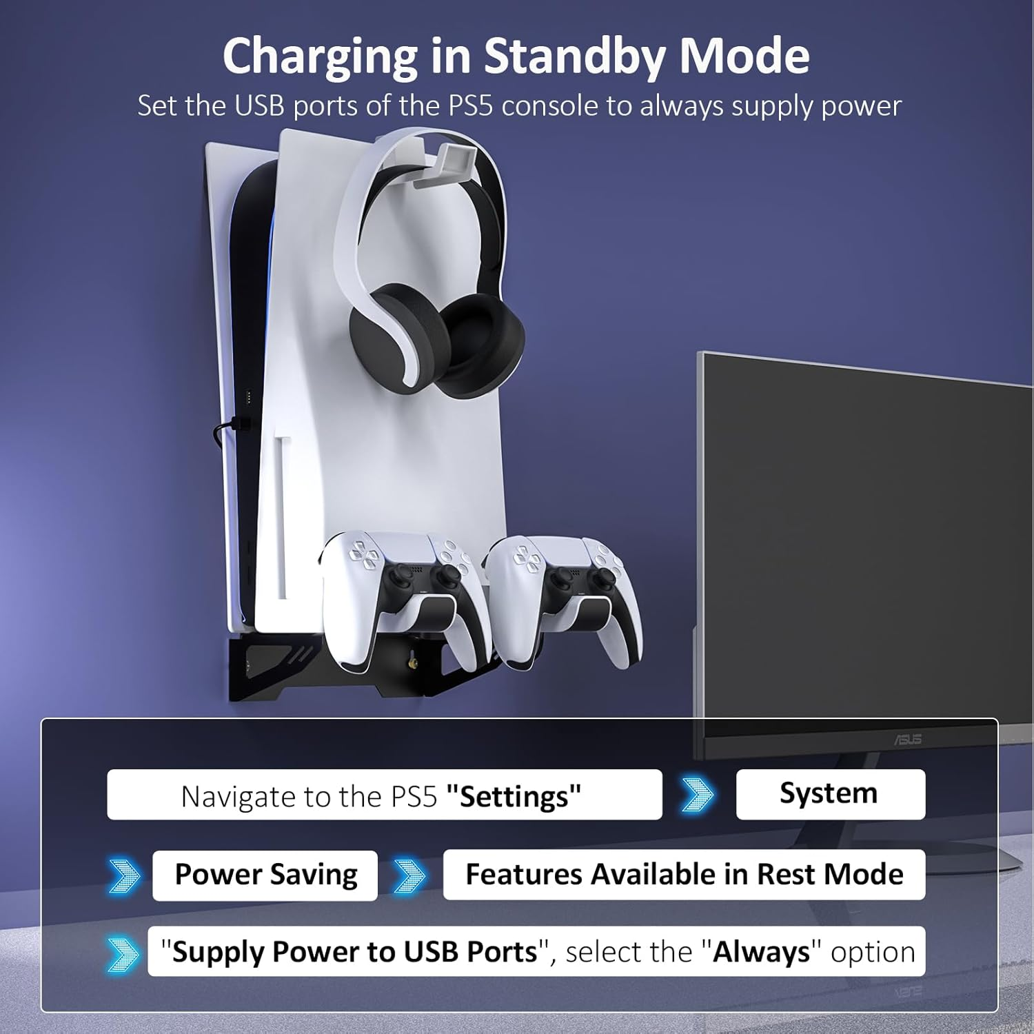 Nexigo Wall Mount Set for Playstation 5 (Disc & Digital), Dual Controller, Sturdy Steel Wall Stand Holder Mount with Headphone Hanger, Set Your PS5 Console near or behind TV image number 5