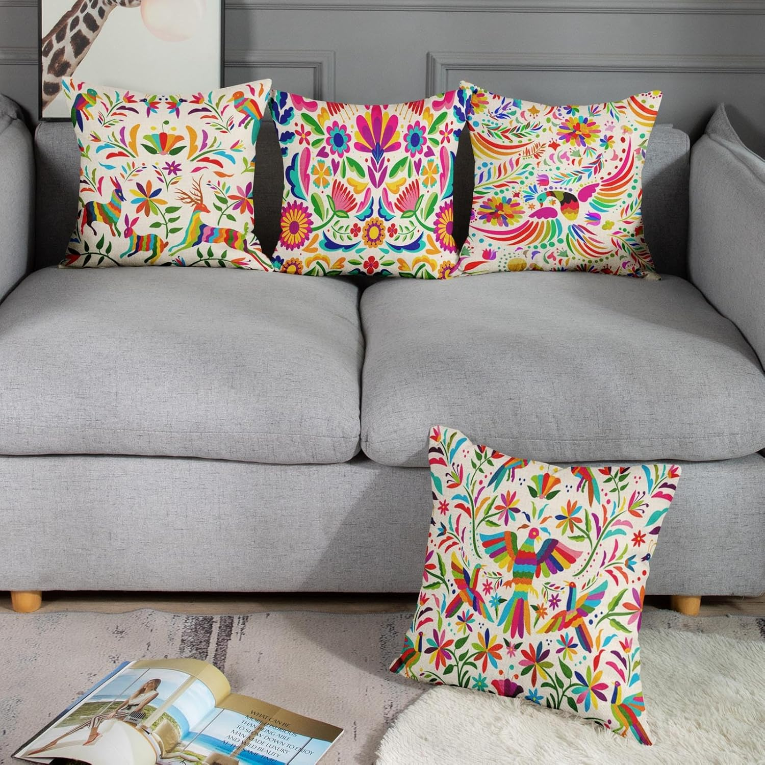 Sanwarm Throw Pillow Covers Home Decor Set of 4 Pillow Cases Decorative 18 X 18 Inches Cushion Couch Sofa Pillowcases Mexican Colorful Ethnic Birds Flowers - Black White image number 2