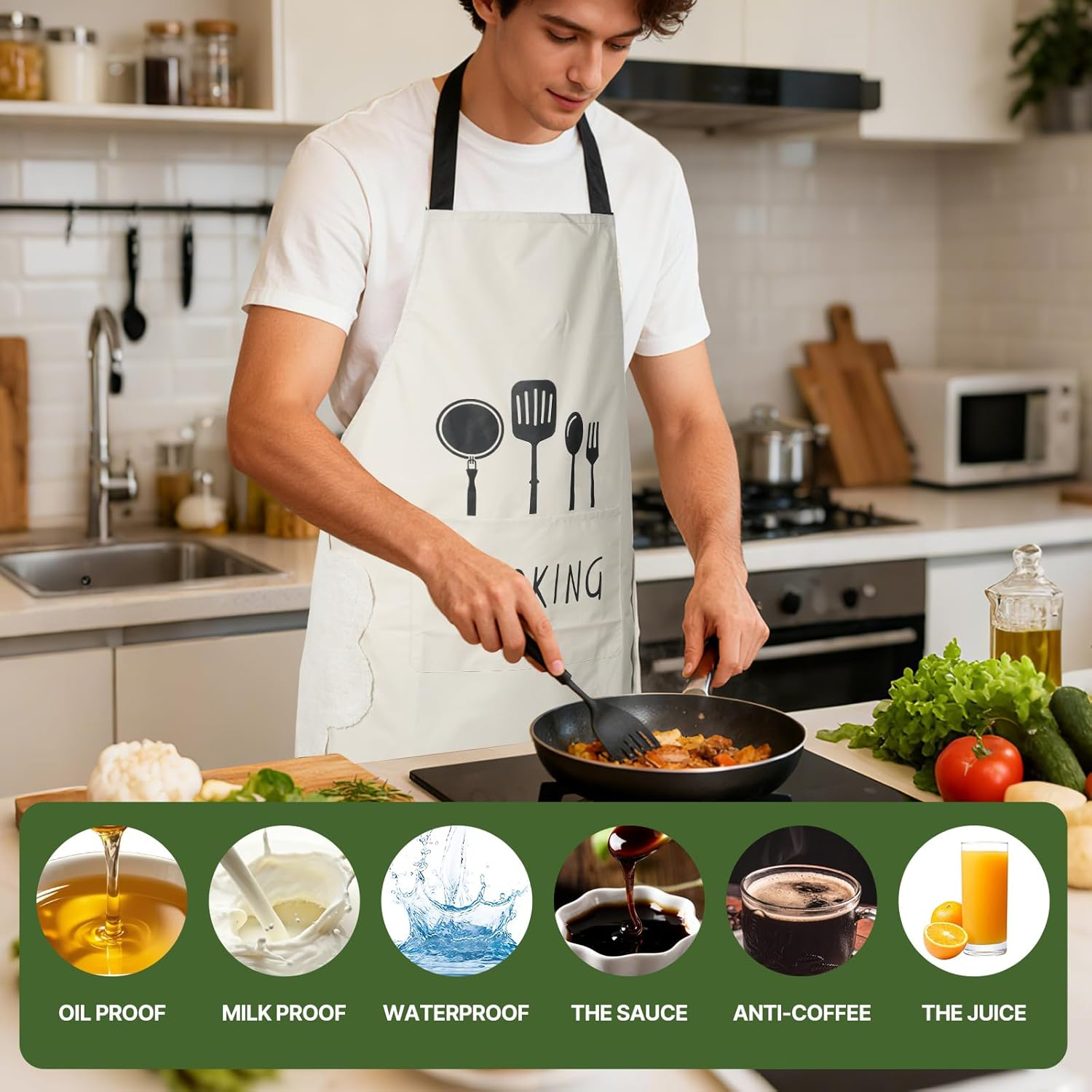 DILLMAN Women Kitchen Apron with Hand Wipe Pockets，Big Pocket,Hand-Wiping, Waterproof for Cooking Baking, Black + White