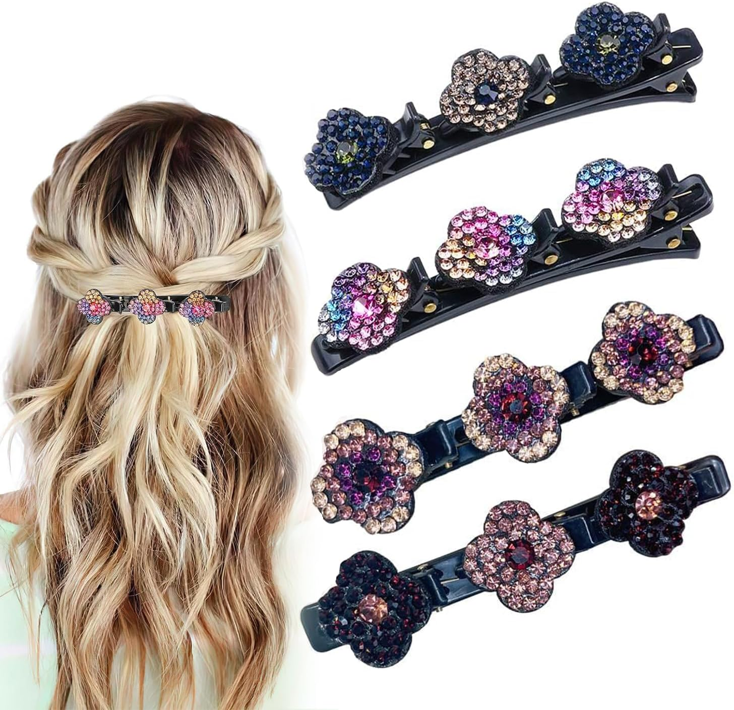 Pack of 4 Sparkling Crystal Stone Braided Hair Clips, Shiny Rhinestone Hair Clip, Elegant Hair Styling Clips, Hair Clips Women, Hummingbird Hair Clip with Crystal Flower for Women Girls (B) image number 6
