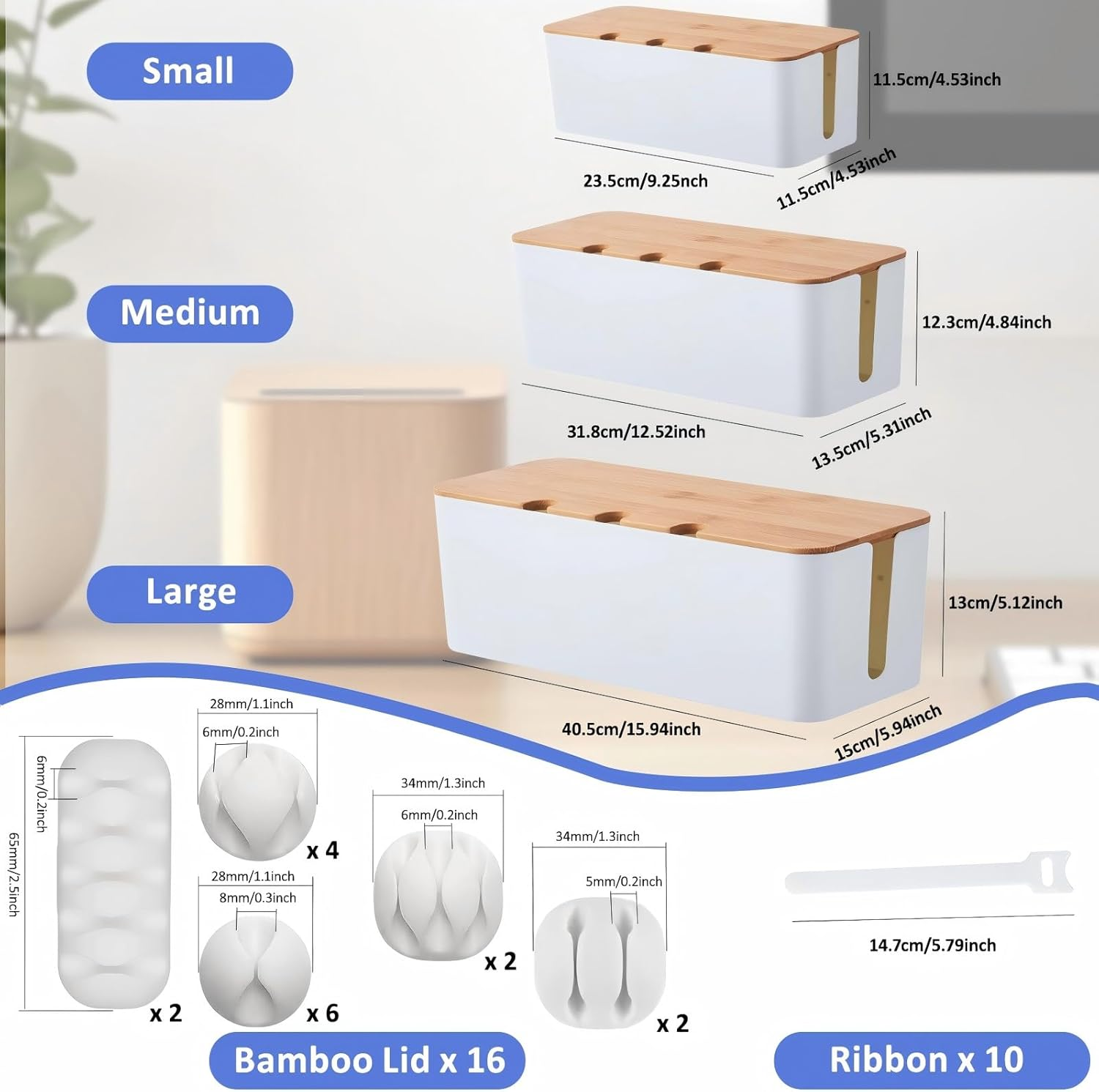 3 PCS Cable Management Box with Bamboo Lid, for TV, Computer, Router, USB Hub and under Desk Power Strip, Safe ABS Material and Baby-Pets Proof Lock, with 10 Cable Ties & 16 Multi-Hole Hubs (White) image number 3