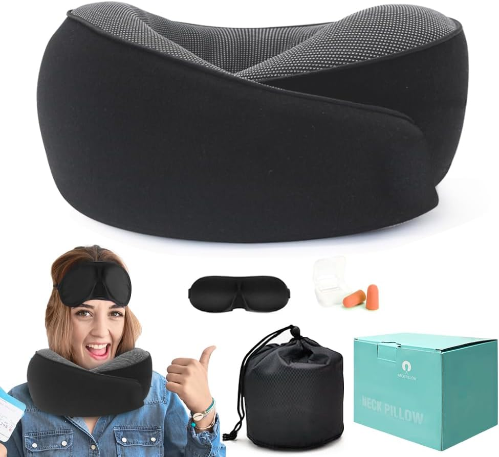 Neck Travel Pillow for Airplanes, Memory Foam 360 Degree Support Pillow with Removable Cover, Compact and Ergonomic Neck Pillow for Travel Home Cars Office, Lightweight & Portable (Black)