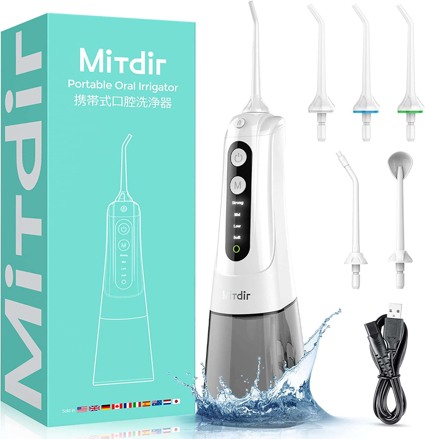 Mitdir Y801 Water Dental Flosser Oral Irrigator 5 Jet Tips 4 Modes IPX7 Waterproof 300ML Detachable Water Tank Portable Cordless Rechargeable Teeth Cleaner for Home&Travel (White)