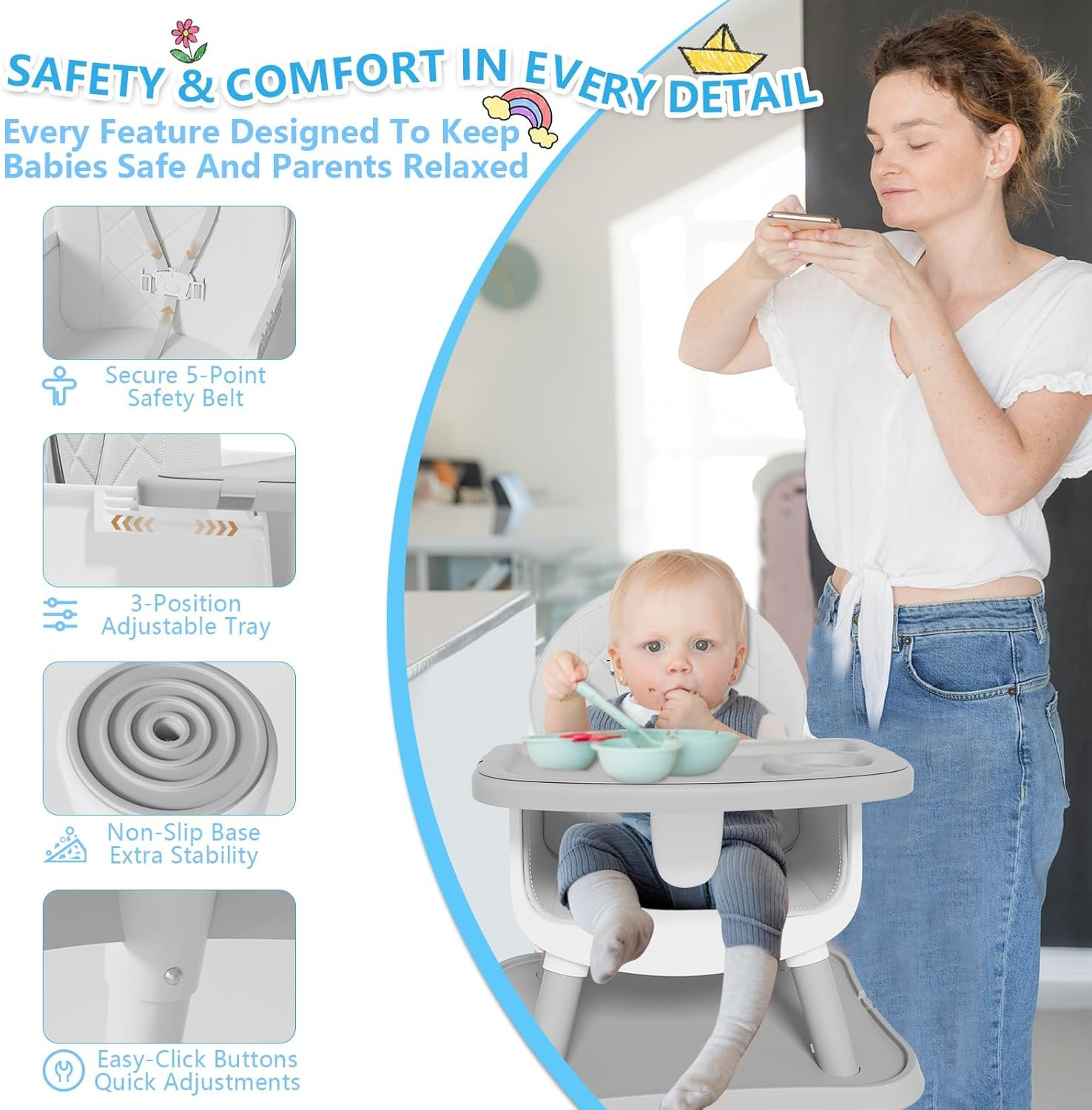 6 in 1 Baby High Chair for Babies and Toddlers - Highchair Converts to Stool, Infant Dining Booster Seat, Toddler Chair, Building Block Table, Activity Table and Desk and Chair image number 2