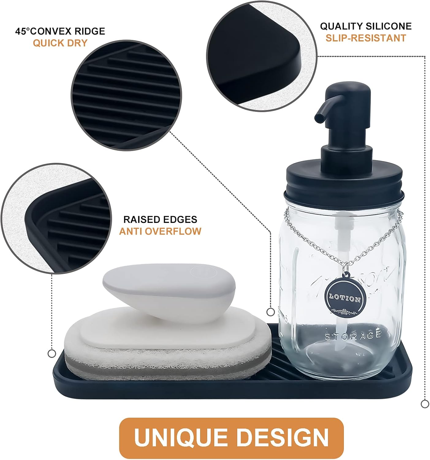 Hvovmve Silicone Organizer Tray, Soap and Sponge Holder for Kitchen Sink, Bathroom - Storage Tray for Dish Brush, Soap Dispenser, Dishwashing Accessories- 2 Pack Black
