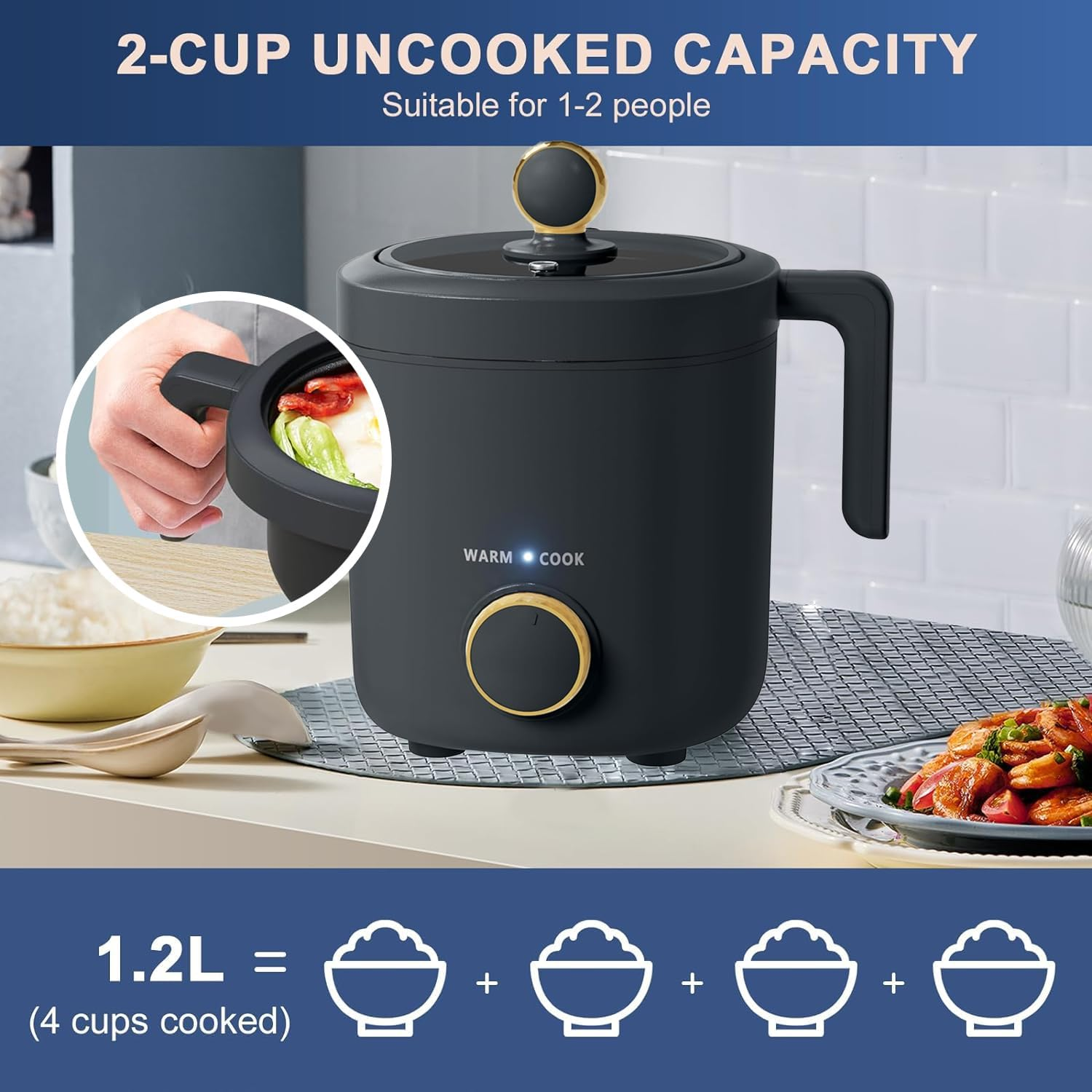 Rice Cooker Small, 2-Cups Uncooked, 1.2L Mini Rice Cooker with Non-Stick Coating, BPA Free, Portable Rice Maker with One Touch & Keep Warm Function, White