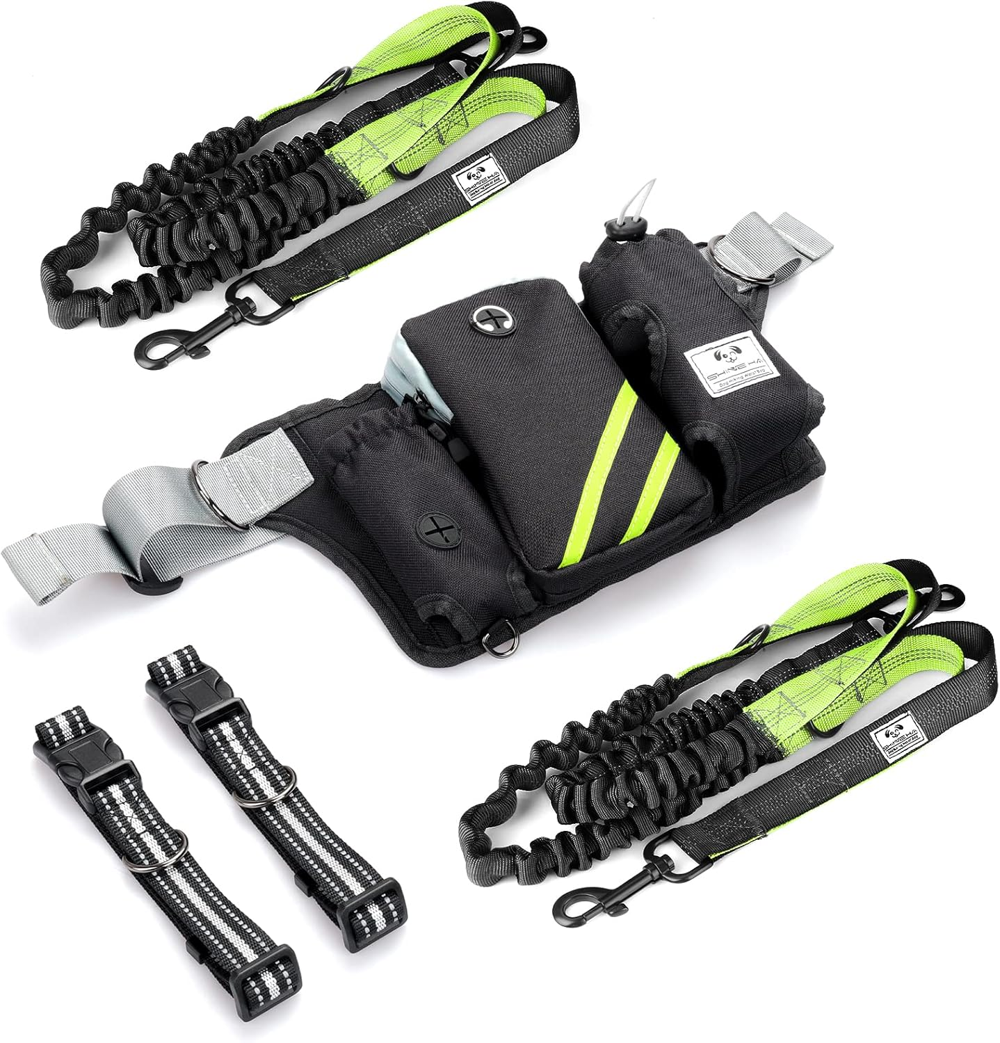 Shine HAI Retractable Hands Free Dog Leash with Dual Bungees for 2 Dogs, Adjustable Waist Belt, Reflective Stitching Leash for Running Walking Hiking Jogging Biking Black - Green MA-US22-DL image number 1