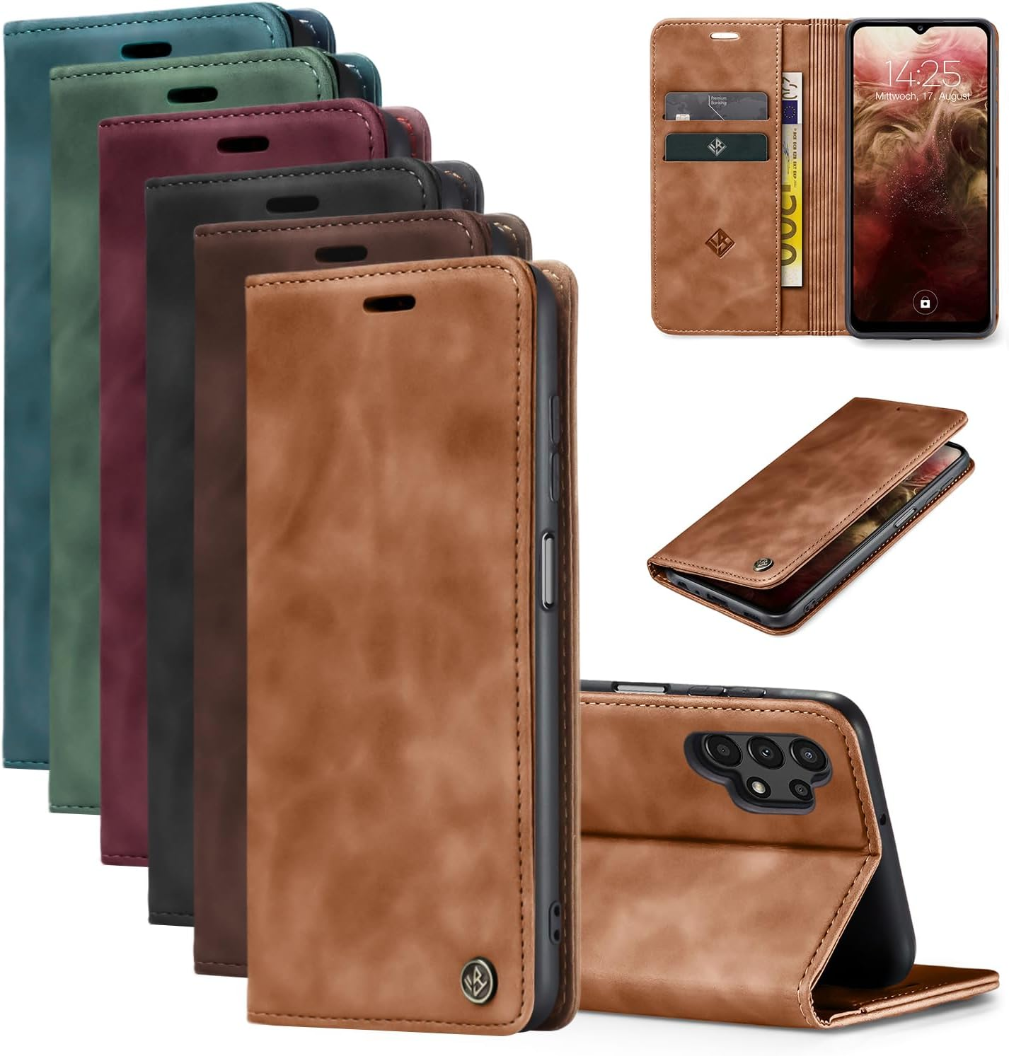 LBH Mobile Phone Case for Samsung Galaxy A13 in Light Brown with Card and Money Compartment Smartphone Case with Stand Function Flip Case Protective Case Magnetic Closure Vintage