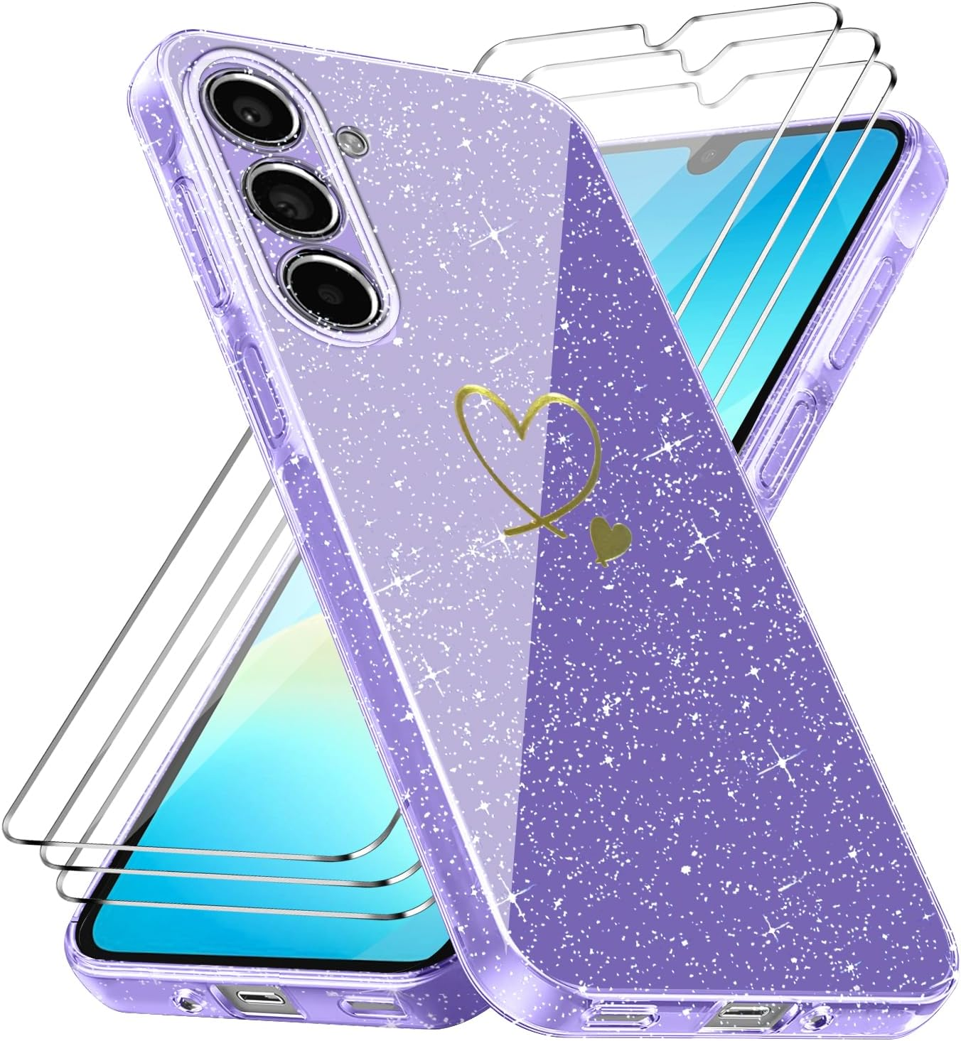 Crisant Mobile Phone Case Compatible with Samsung Galaxy A17 4G / 5G with 3 Pieces Screen Protector, Soft TPU Anti-Fingerprint Case, Glitter and Fall Protection Protective Case (Purple) image number 4