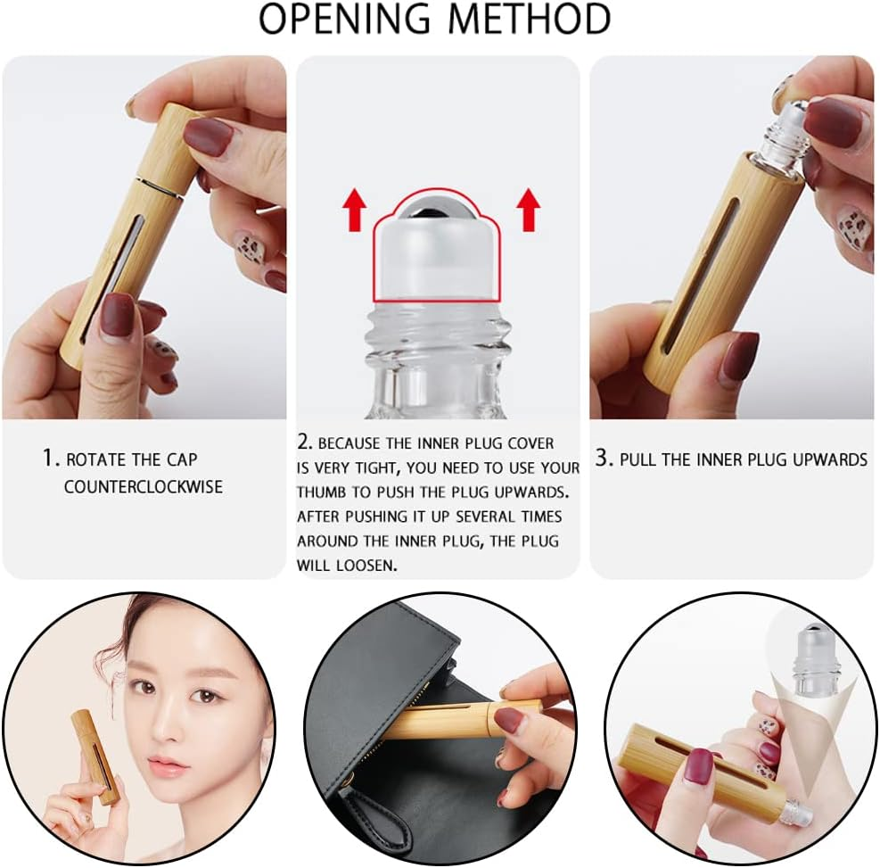 Thinslimer 4 Pack 10Ml Bamboo Roller Bottles Portable Open Window Massage Essential Bottle Oil Roller Bottles with Stainless Steel Roller Ball for Perfumes Essential Oil image number 2