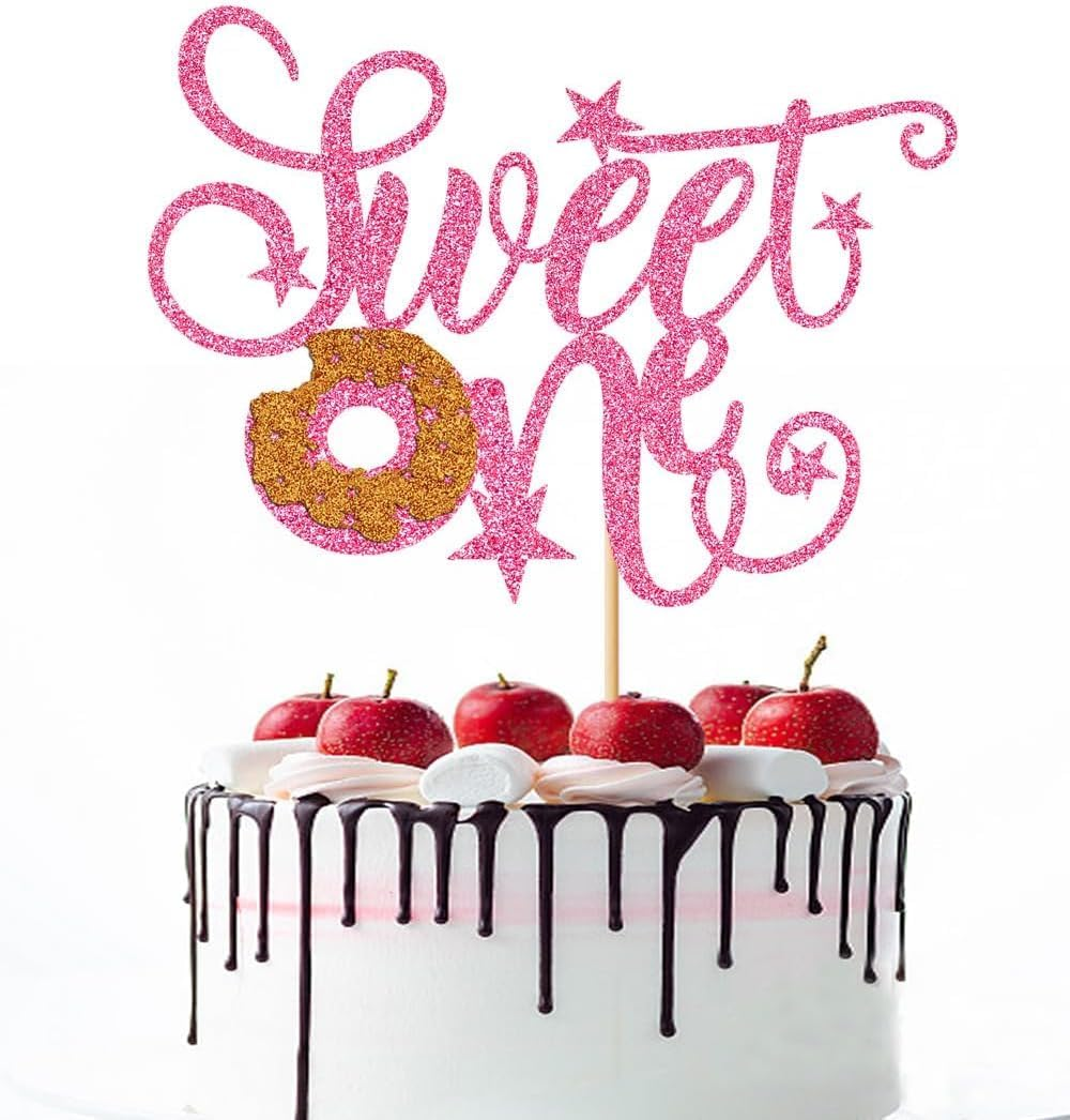 Confetti! Sweet Donut One Cake Topper | Candyland Sweet One | First Birthday Party Supplies | Baby Shower Decor，Donut 1St Themed Baby Shower Birthday Party Cake Supplies (Pink Glitter) image number 2
