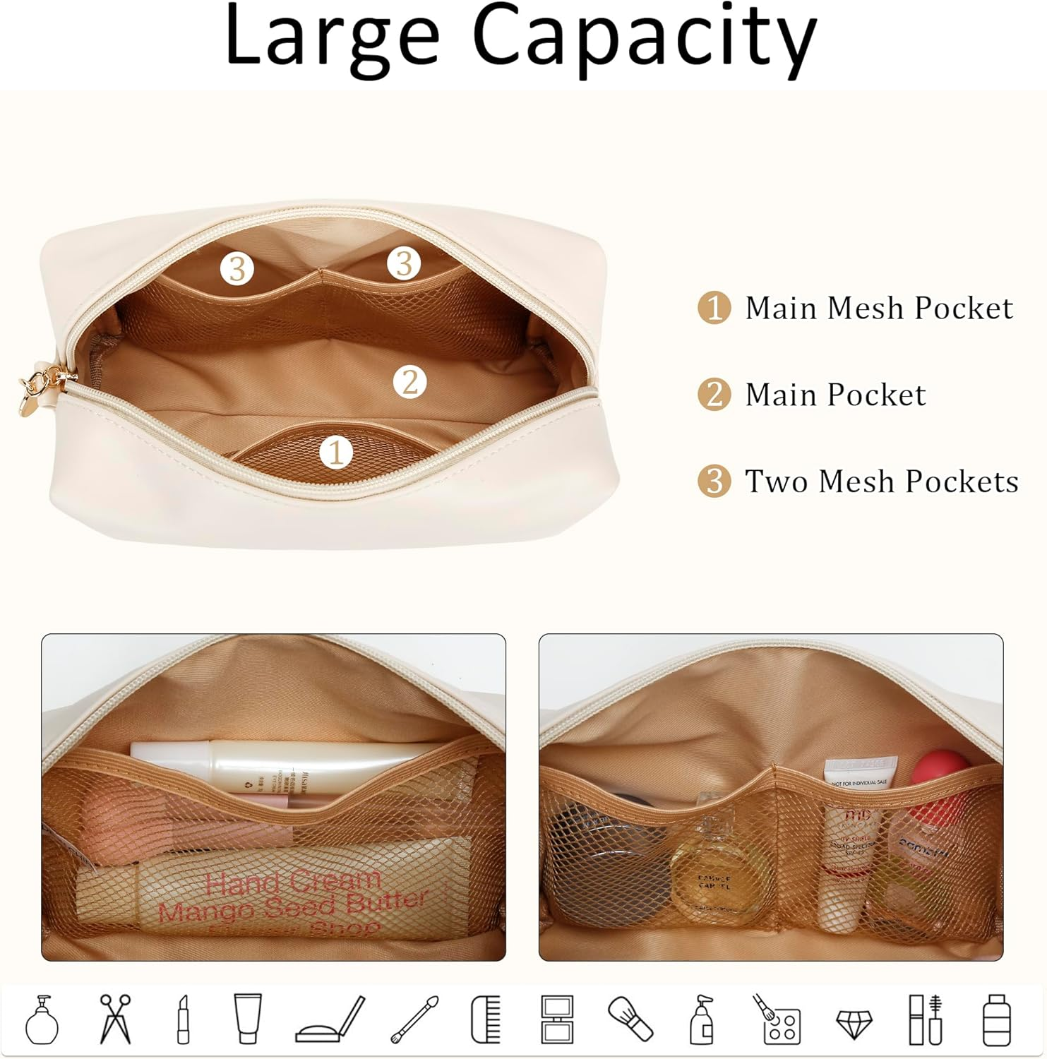 CLOUDWINGS Initial Makeup Bag Vegan Leather Cosmetic Bag, Beige image number 5