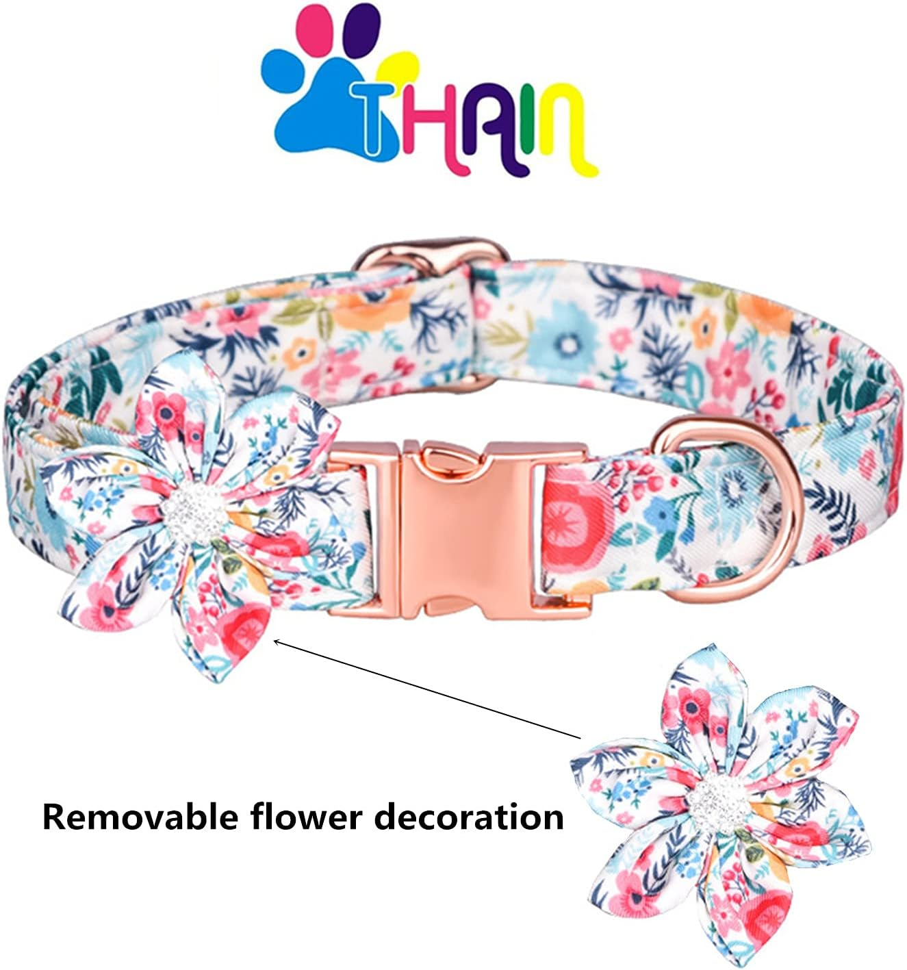 THAIN Custom Flower Girl Dog Collar Personalized for Female Dogs- Floral Pattern Engraved Pet Collars with Name Personalized Rose Gold Buckle (S(Neck 10.2-16.5"), White Flower) image number 4
