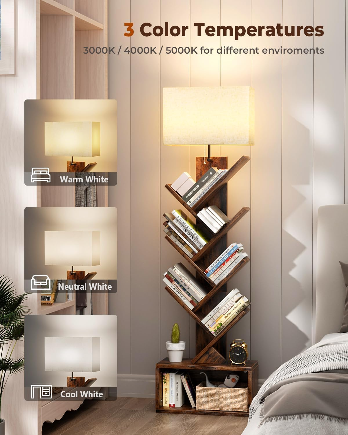 PTEROMYS 6 Tier Tree Bookshelf with Light, Narrow Bookcase Tower, Tall Floor Standing Book Organizer with Storage Cabinet for Living Room, Bedroom and Home Office (Rustic Brown) image number 1