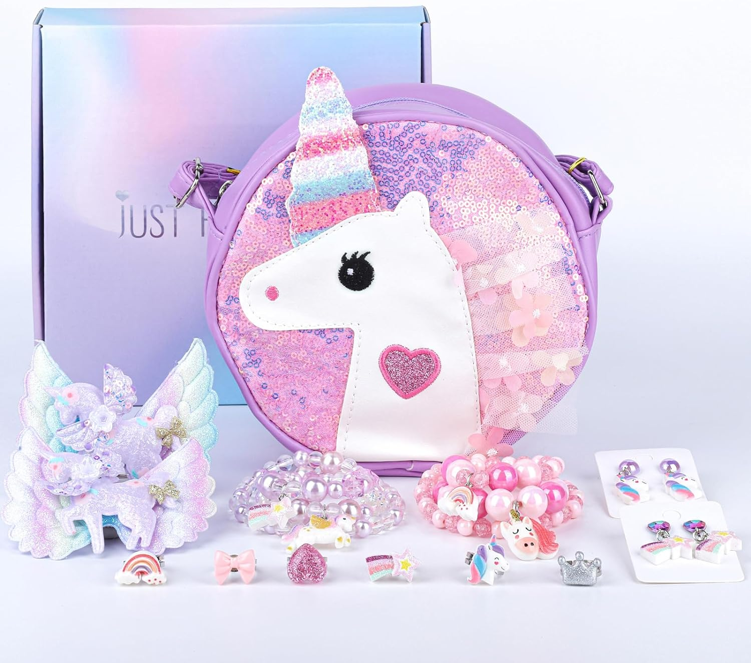 Niceup Unicorn Jewelry Gift Set for Little Girls, Princess Dress-Up Play Jewelry Toys with Purple Unicorn Purse Necklaces Bracelets Earrings Rings Hair Clips, Christmas Birthday Gift for Girls Age 4-7