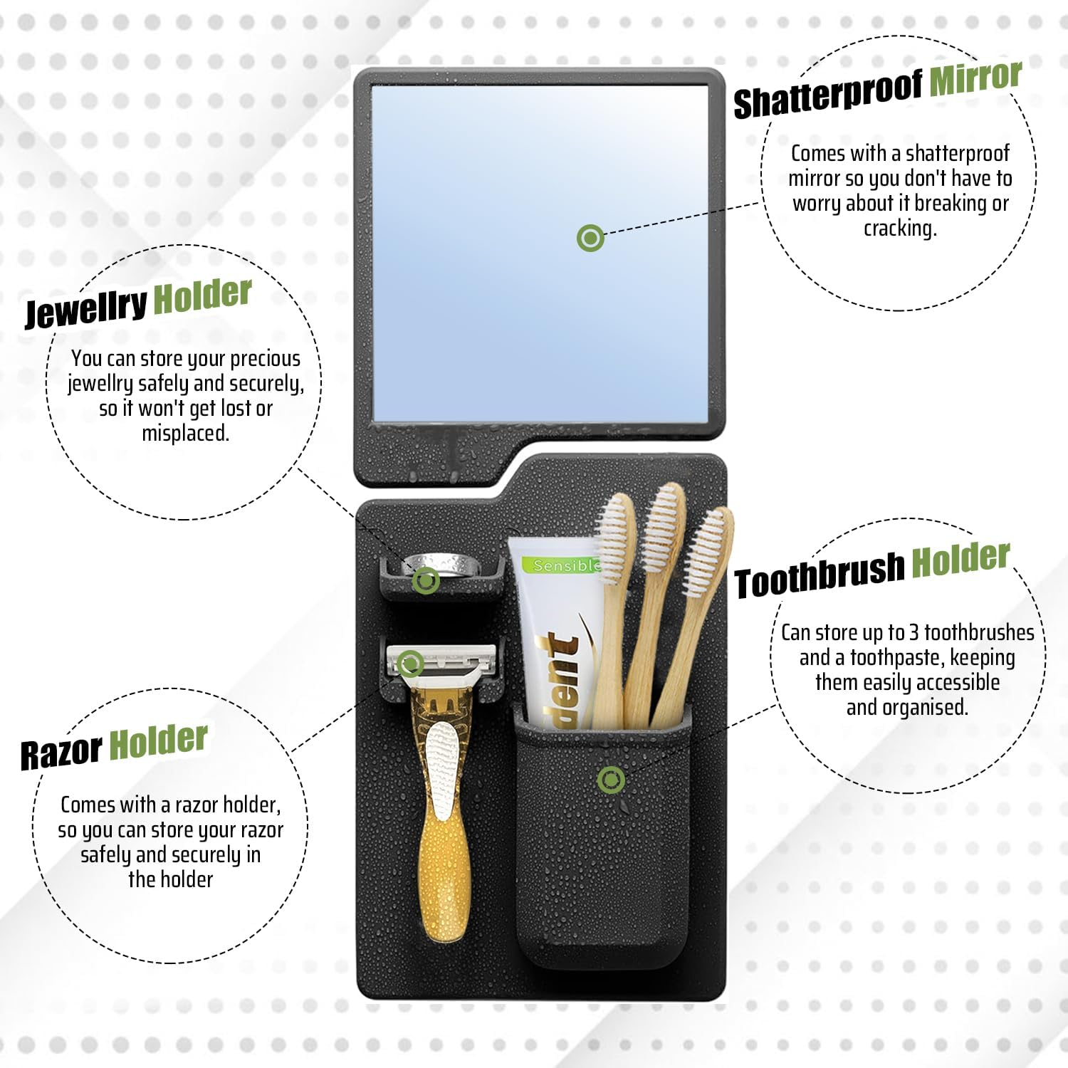 Powerful Suction Shower Mirror with Built-In Razor Hook | Ideal for Travellers, Home, Non Slip Silicone Toiletry Holder - for Shaving - Removable & Reusable, Great Gift image number 4