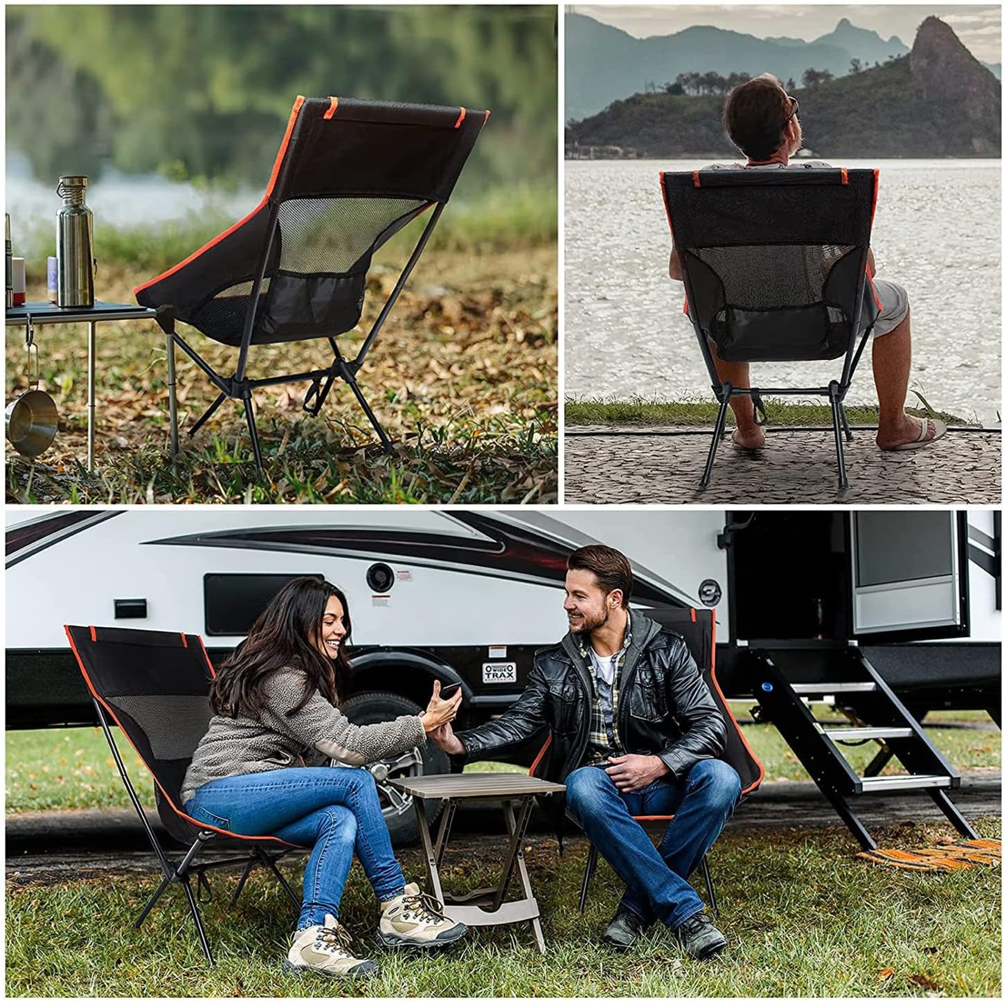 2 Camping Folding Chair, Outdoor Beach Folding Chair, Portable Moon Chair, Space Chair, Camping Fishing Chair, Hiking Chair with Carrying Bag (Black, Large) image number 1