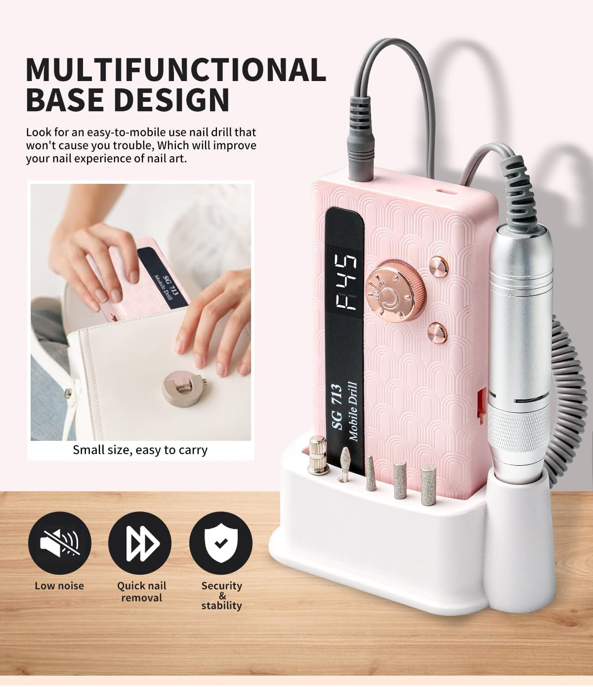 Yisis Professional Electric Nail File Kit - 45000RPM Rechargeable Nail Drill with 11 Bits, LED Screen, Ultra-Silent & Portable Design for Acrylics, Gel, Manicure (Pink) - Pink image number 4