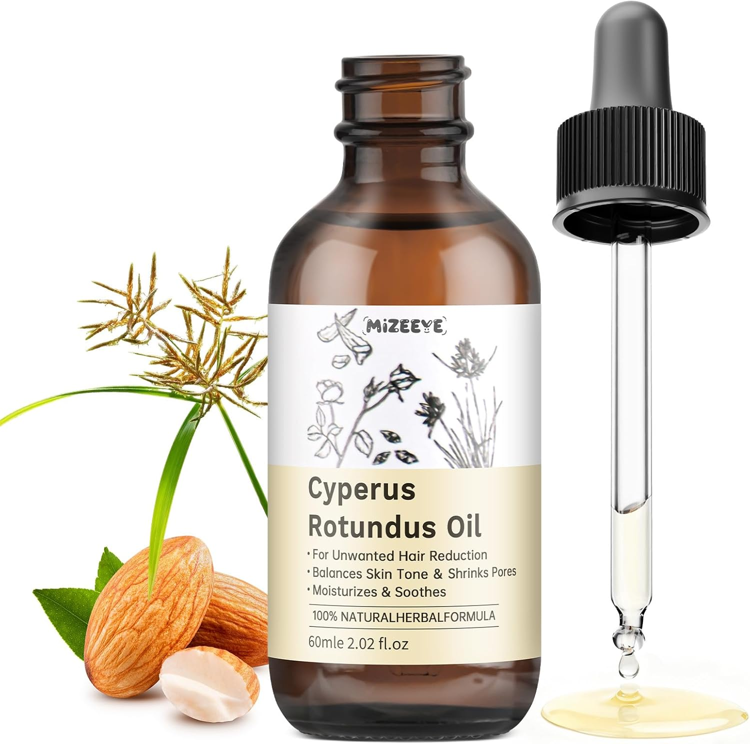 Cyperus Rotundus Hair Removal Oil with Sweet Almond & Rose Oil, Soothing & Moisturizing, Reducing Body Hair Growth, Soothe Redness, Shrink Pores, Suitable for All Skin Types, 60Ml image number 6