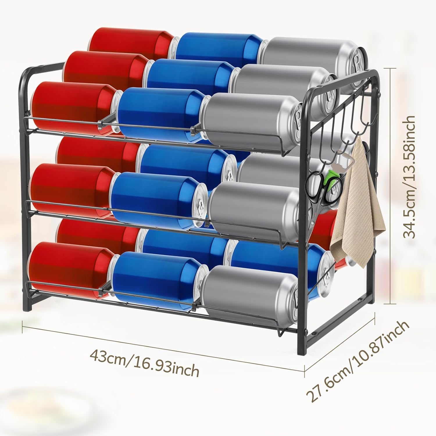 3 Tier Can Rack Organizer with Hook Stackable Tilted Can Storage Holder Carbon Steel Cabinet Organizer Adjustable Width Pantry Organiser Kitchen Storage and Organisation for Small Pantry Countertop image number 3