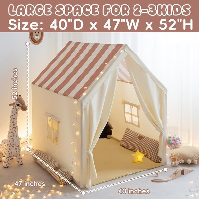 Large Kids Play Tent with Mat, Play Tent Indoor with Star Lights and Windows, Playhouse for Boys and Girls Aged 3+, Kid Tent Washable (With Mat)