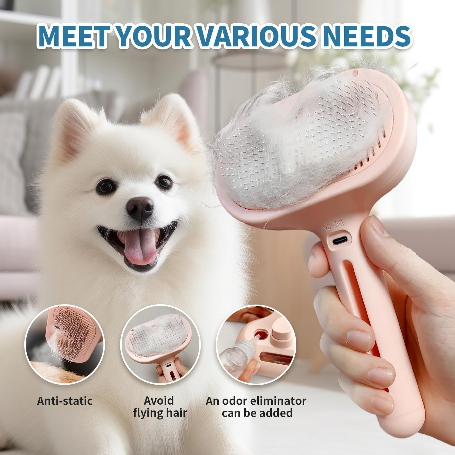 Herokitty Cat Steam Brush for Shedding, 3 in 1 Self Cleaning Steamy Pet Brush Anti-Static Flying Hair Spray Cat Brush for Long and Short Hair Pets Grooming Remove Loose Hair Reduce Shedding, Pink - Green image number 2