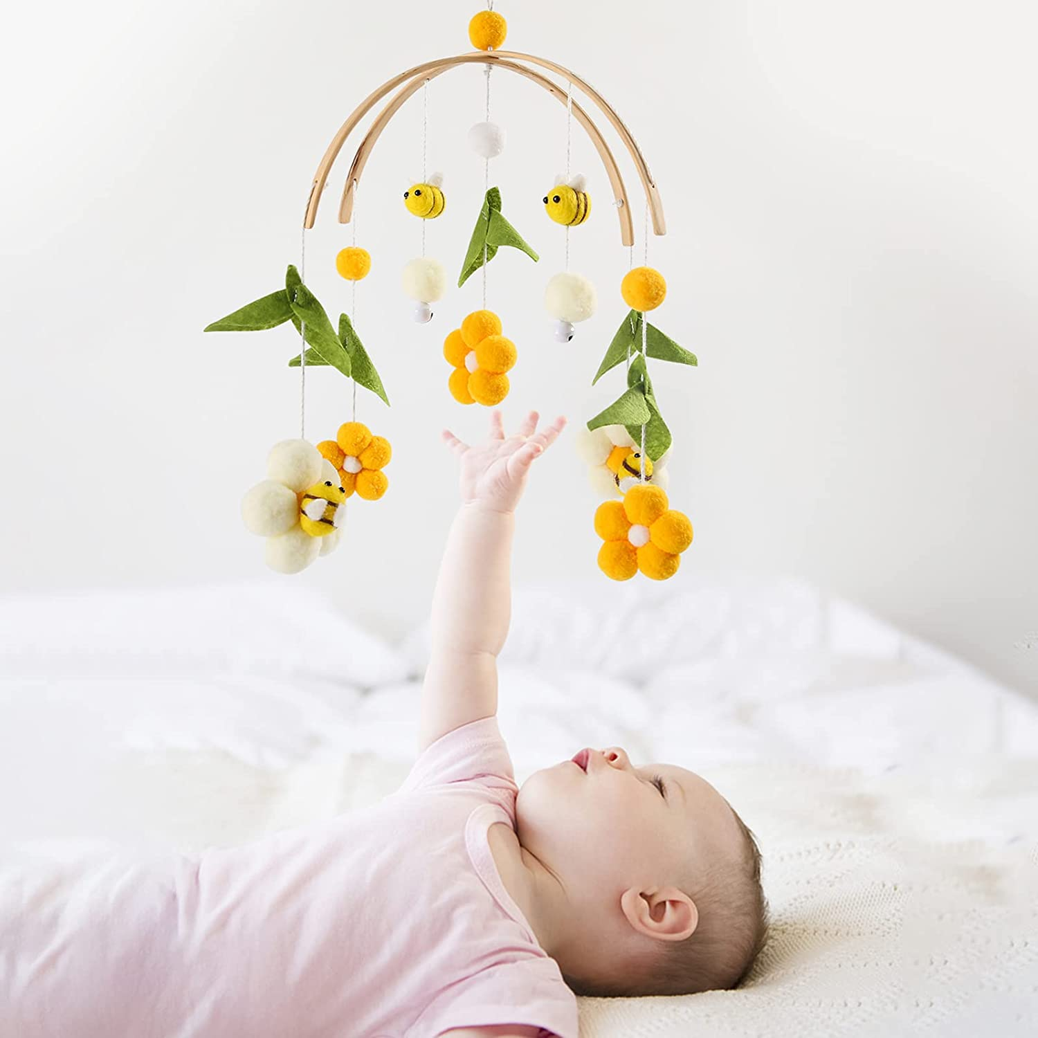 Youuys Mobile Baby Wooden with Felt Balls, Bees and Flowers, Baby Mobile Wind Chime, Bed Bell Pendant for Baby Bed, Nursery Decoration, Gift for Baby Girls or Boys image number 3