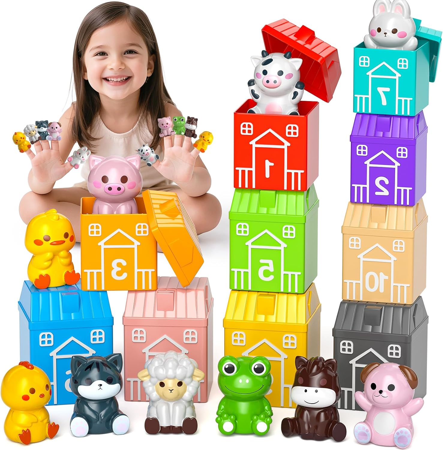 JUKUDAHU Farm Animals Toy Set for Kids 1 2 3 4 Years Old - Matched Game with 10 Barns, Counting, Color Sorting, Sensory Preschool Learning for Toddlers 1-3, Birthday Baby Boys Girls Ages 12-18 Months image number 1