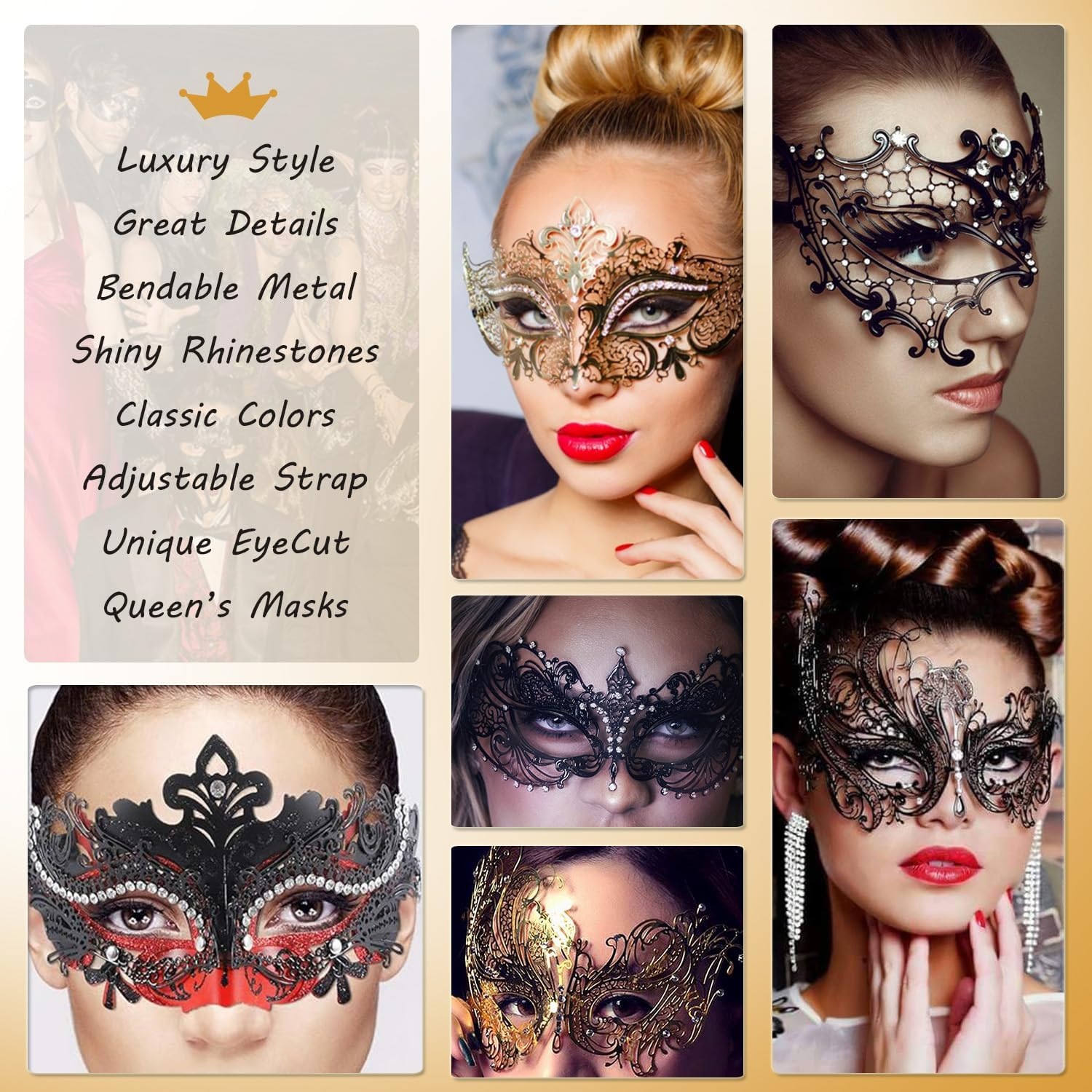 Masquerade Mask for Women Ultralight Metal Mask Shiny Metal Rhinestone Venetian Pretty Party Evening Prom Ball Mask.
