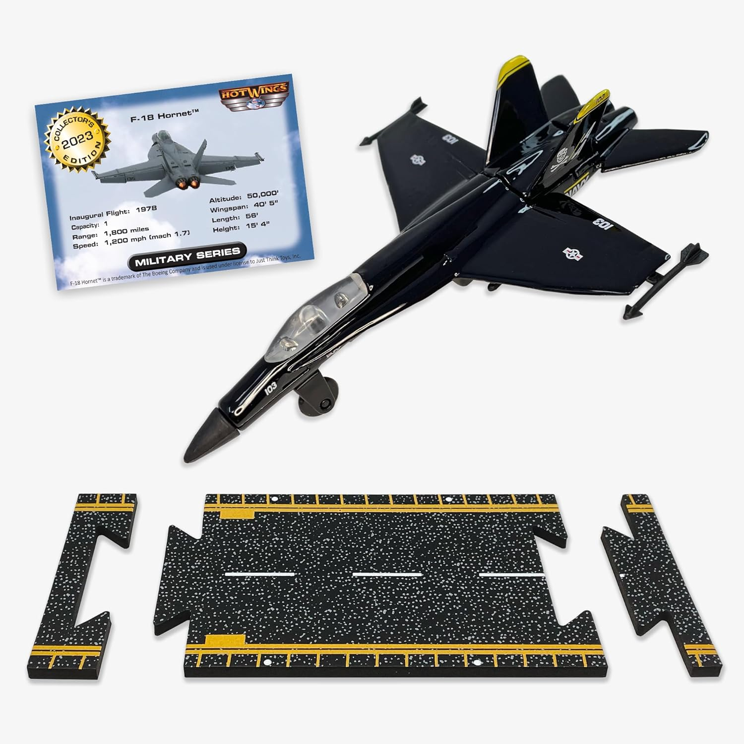 Hot Wings F-18 Jet (Black & Yellow) with Connectible Runway
