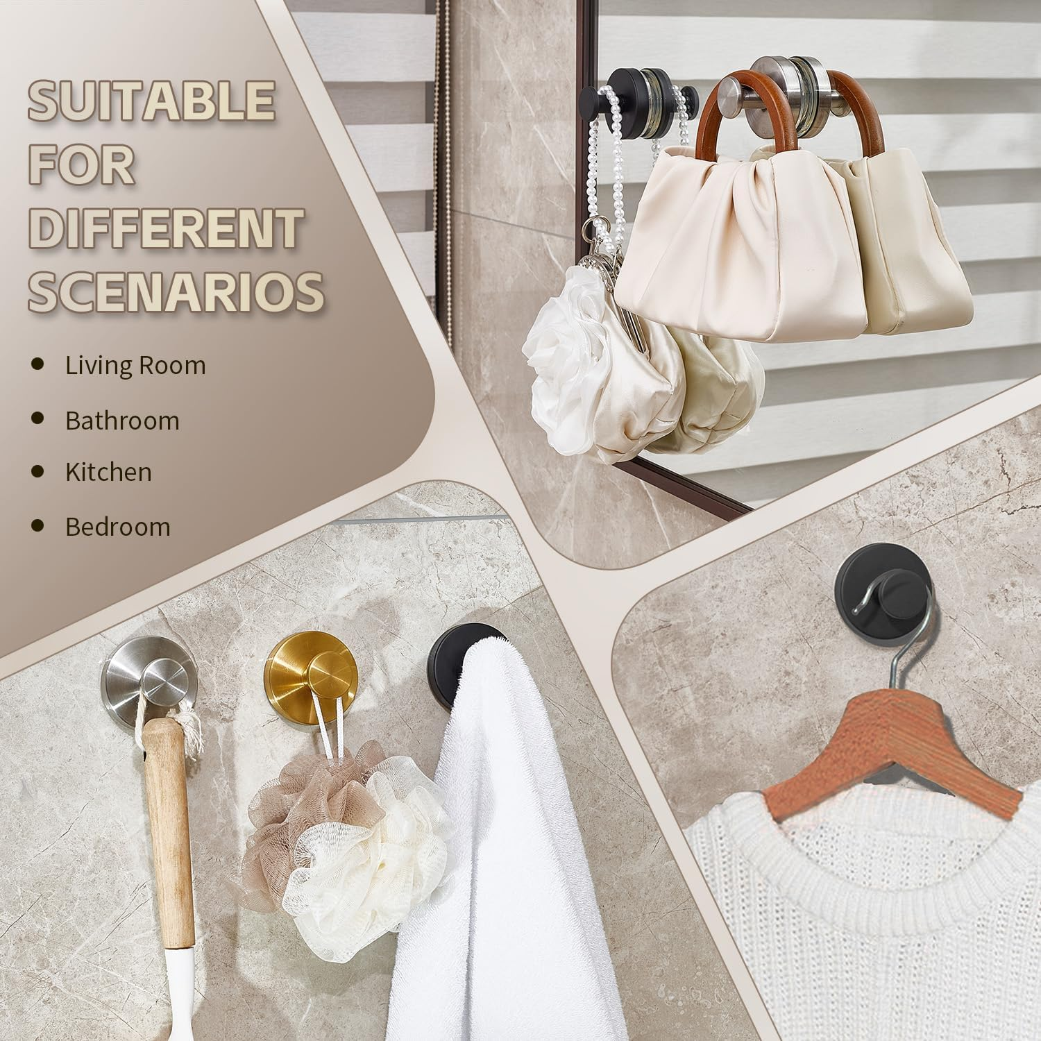 4Pcs Strong Suction Cup Hooks for Shower, No Drill Towel Hooks for Bathrooms, Bathroom Hooks, Suction Hooks,Towel Holder for Bathroom Wall, Kitchen, Glass, Mirror (Gold, 4 Pcs) image number 2